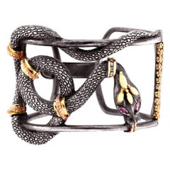 Stambolian Aged Silver 18 Karat Gold Pink Sapphire Diamond Snake Bangle Bracelet