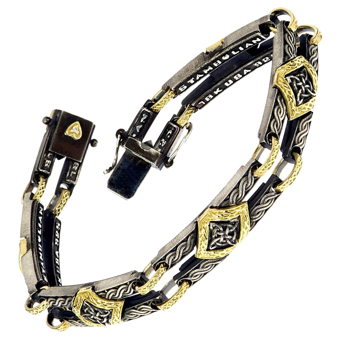 Stambolian Aged Silver 18 Karat Gold Retro Style Unisex Link Bracelet For Sale