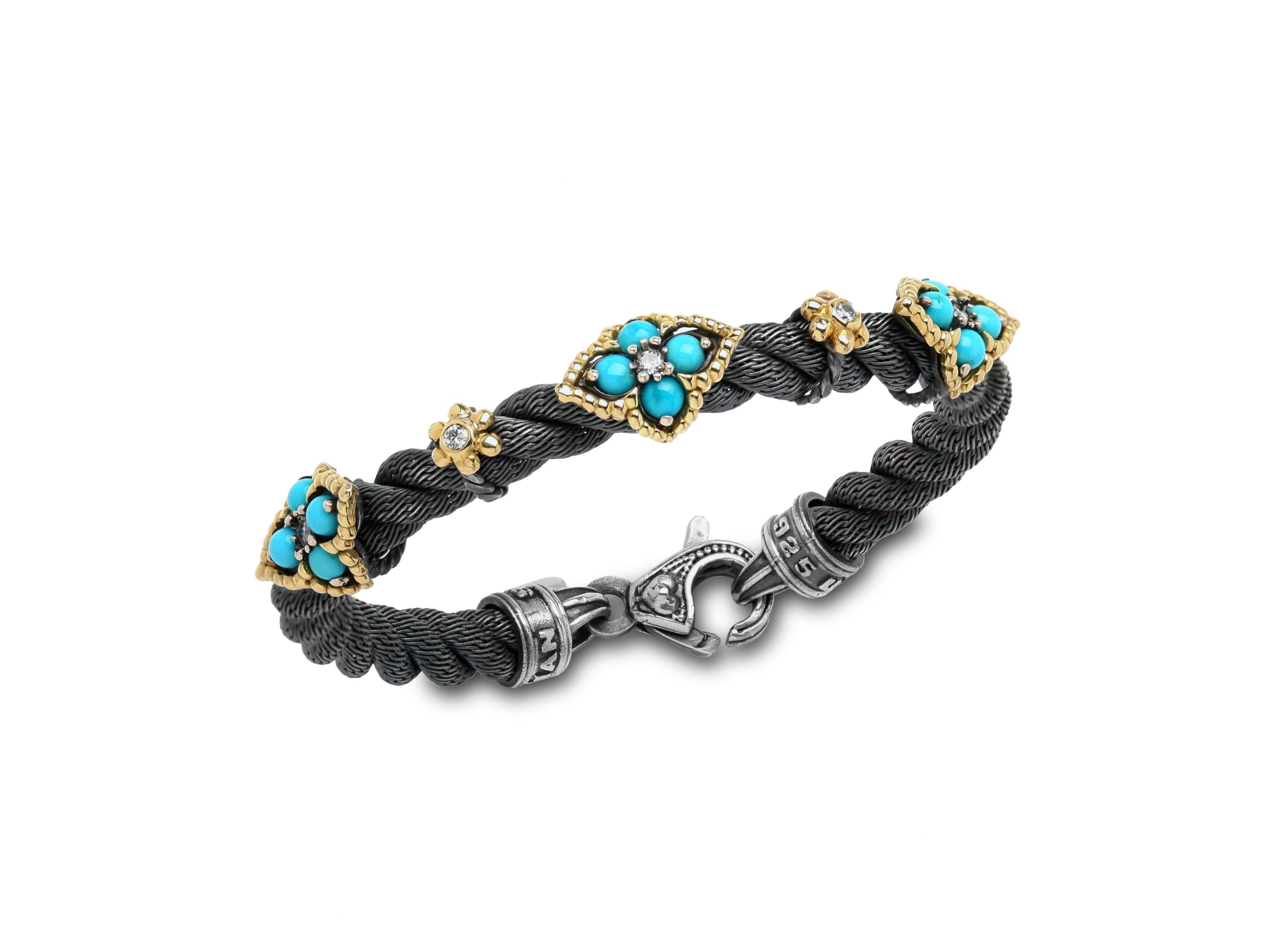 Stambolian Aged Silver 18K Gold Cable Bracelet Sleeping Beauty Turquoise Diamond

This unique bracelet features three sections of Turquoise with four stones in each with a diamond in the center AND two sections of diamond bezels set in yellow