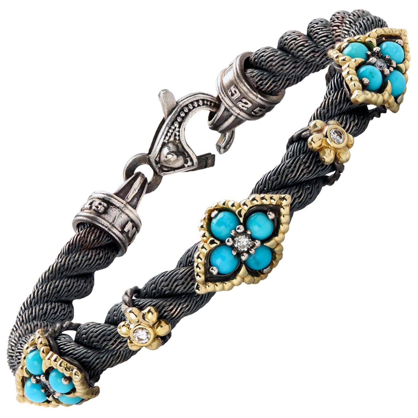 Stambolian Aged Silver 18k Gold Cable Bracelet Sleeping Beauty Turquoise Diamond