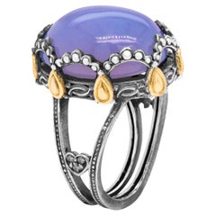 Cocktailring mit doppeltem Band, Stambolian, gealtertes Silber, 18 Karat Gold, Chalcedon, ovaler Kuppel