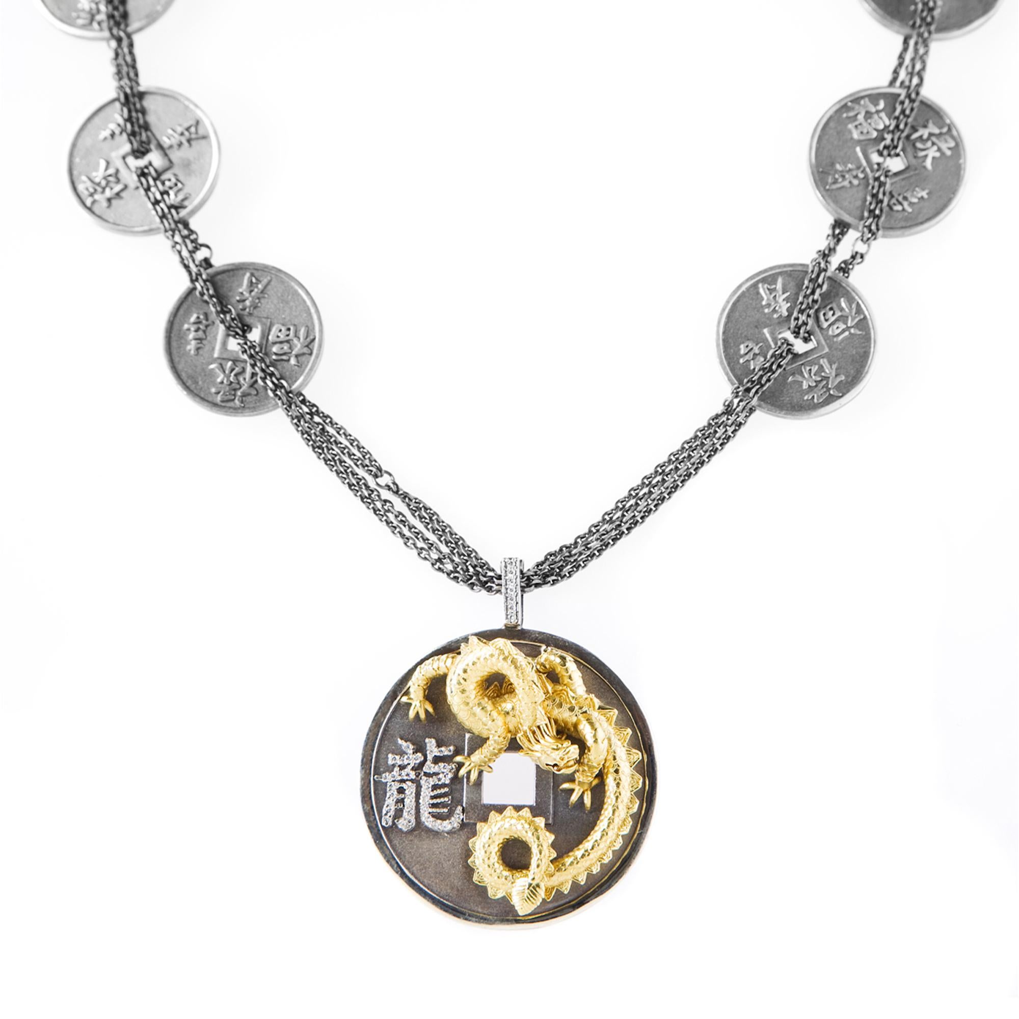 Stambolian Aged Silver 18K Gold Coin Chain Round Dragon Pendant Necklace

The necklace comes with a Stambolian 