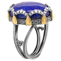 Stambolian Aged Silver 18k Gold Lapis Lazuli Oval Dome Double Band Cocktail Ring