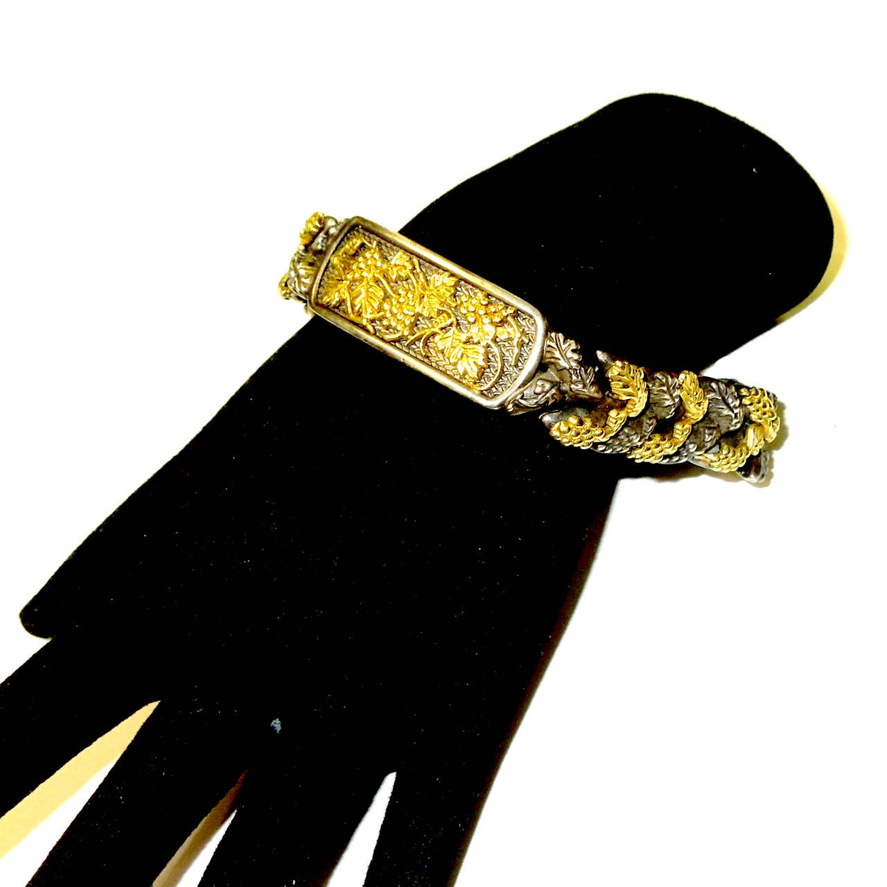 Stambolian Aged Silver 18K Gold Napa Valley Grapevine Mens Link Bracelet In New Condition For Sale In Boca Raton, FL
