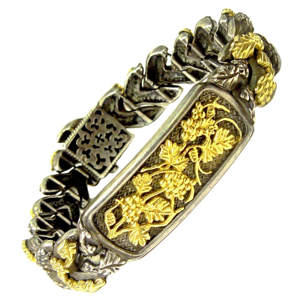 Stambolian Aged Silber 18K Gold Napa Valley Trauben Weinreben Herren Gliederarmband im Angebot