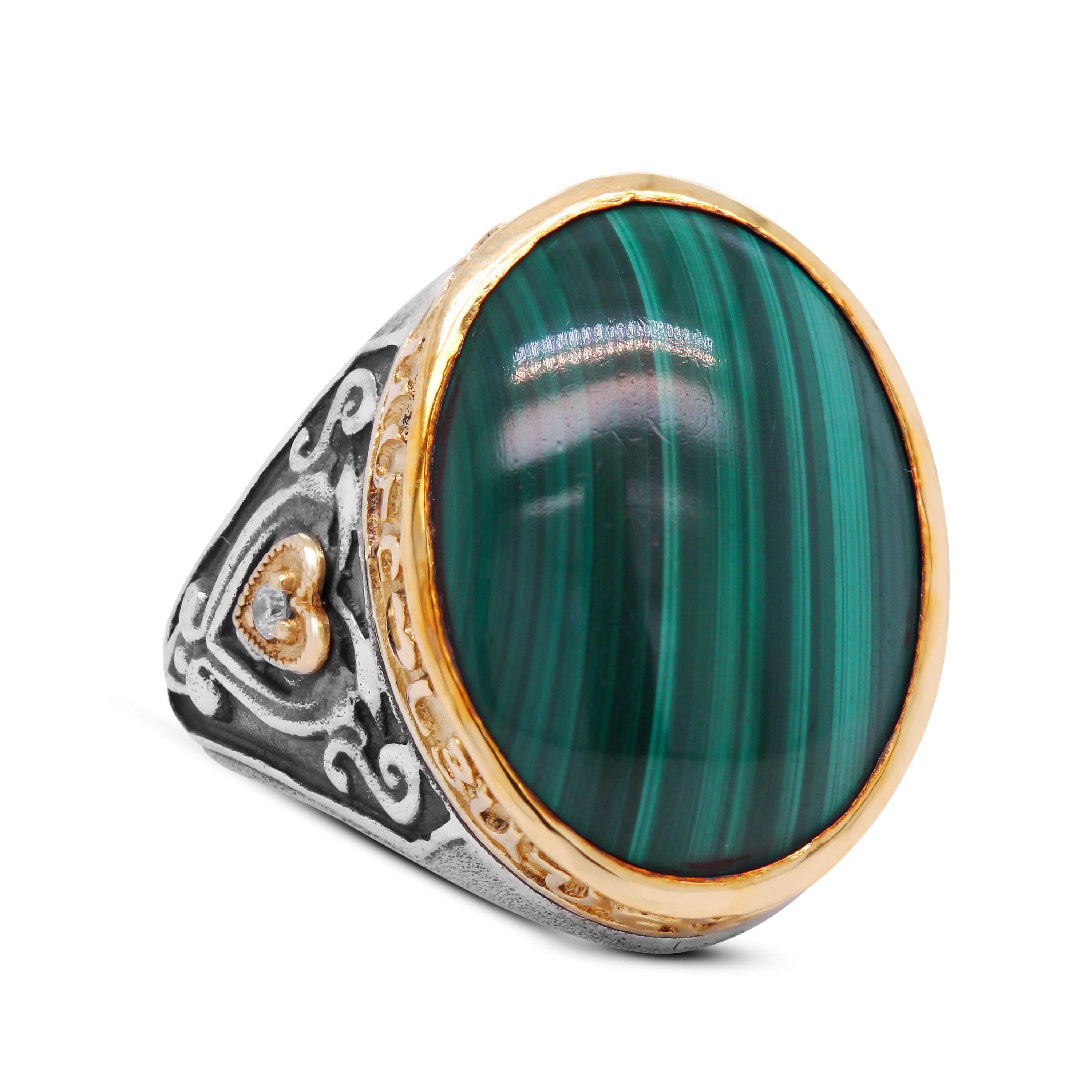 Stambolian Aged Silver 18K Gold Oval Malachite Cocktail Ring

This fun and incredible ring by Stambolian features a unique design work surrounding the center stone with the gold edges written 