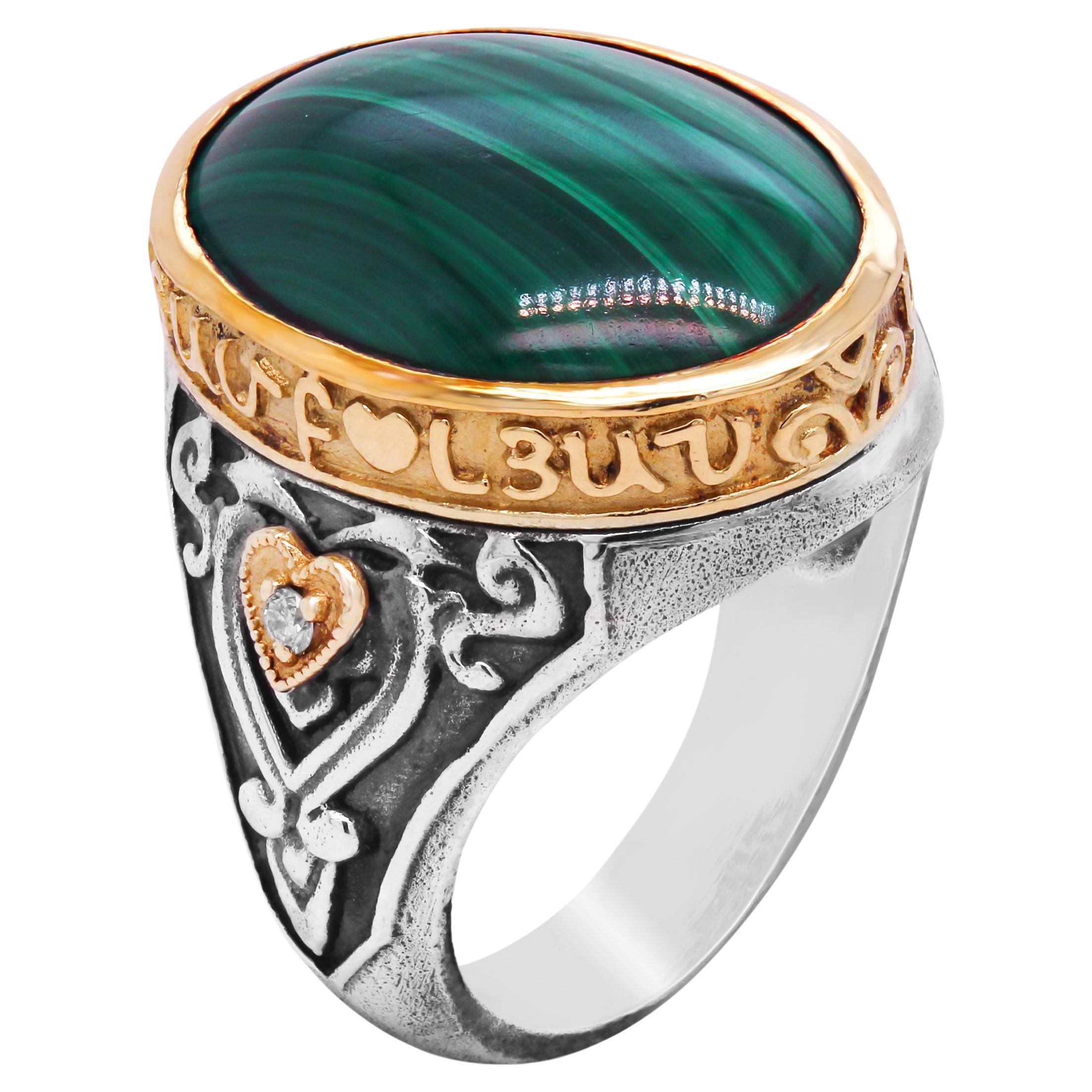 Stambolian Aged Silver 18K Gold Oval Malachite Cocktail Ring