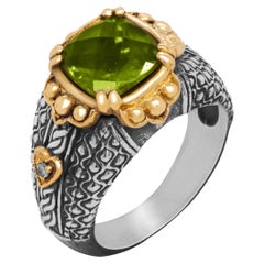 Stambolian Aged Silver 
18K Gold Square Peridot Center Cocktail Ring