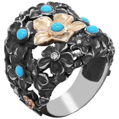 Stambolian Aged Silver and 18 Karat Gold Floral Ring with Turquoise and Diamonds