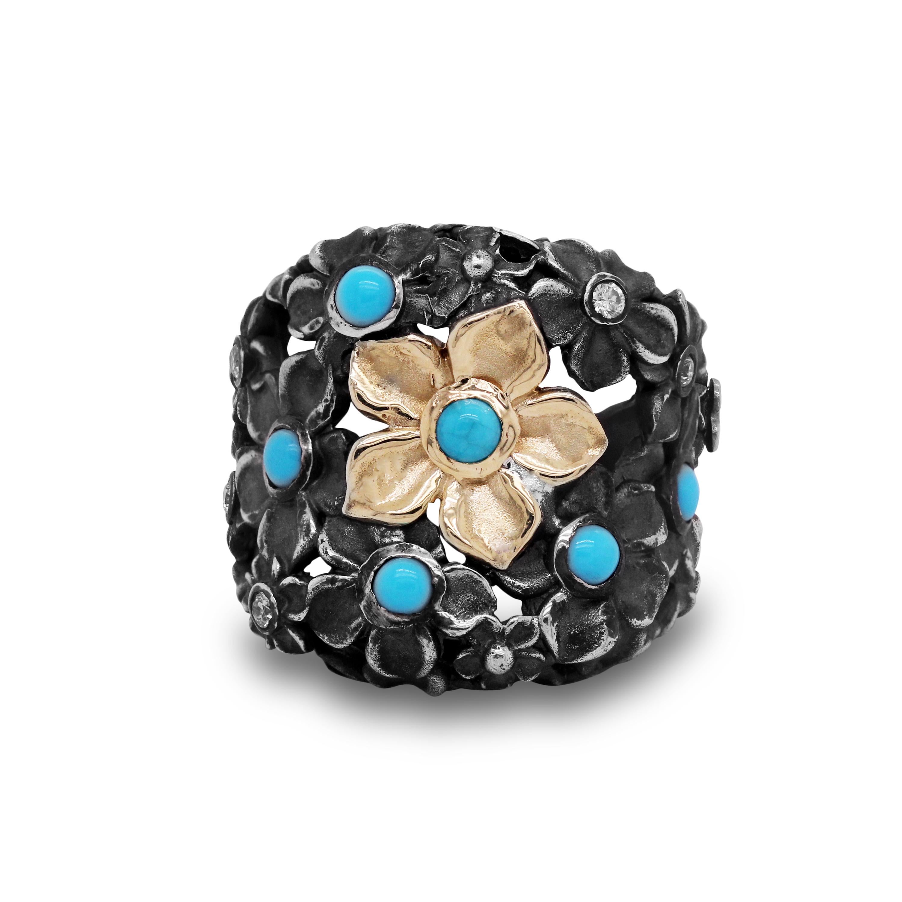 Aged Silver and 18K Gold Floral Ring with Sleeping Beauty Turquoise and Diamonds

This ring is from the Stambolian 