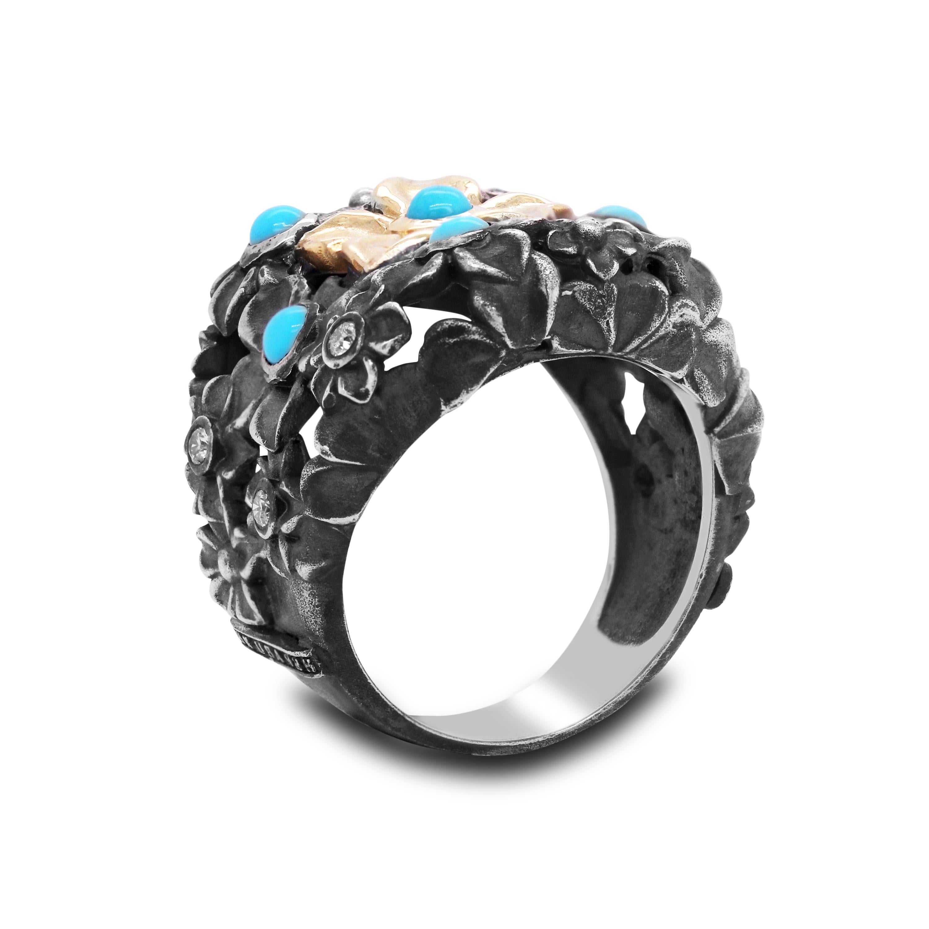 Round Cut Stambolian Aged Silver and 18 Karat Gold Floral Ring with Turquoise and Diamonds
