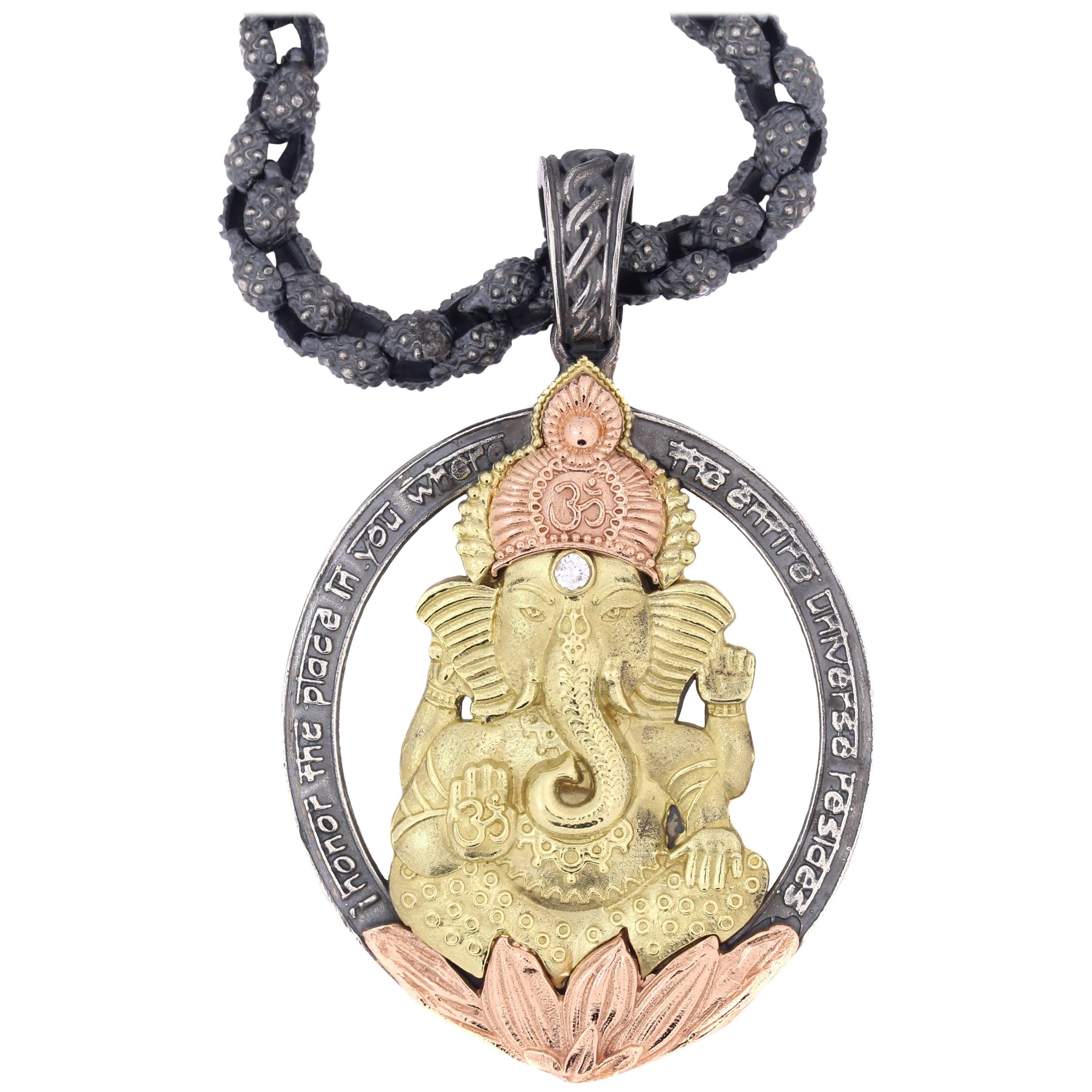 Stambolian Collier pendentif Ganesh en argent sterling vieilli et or 18 carats avec diamants