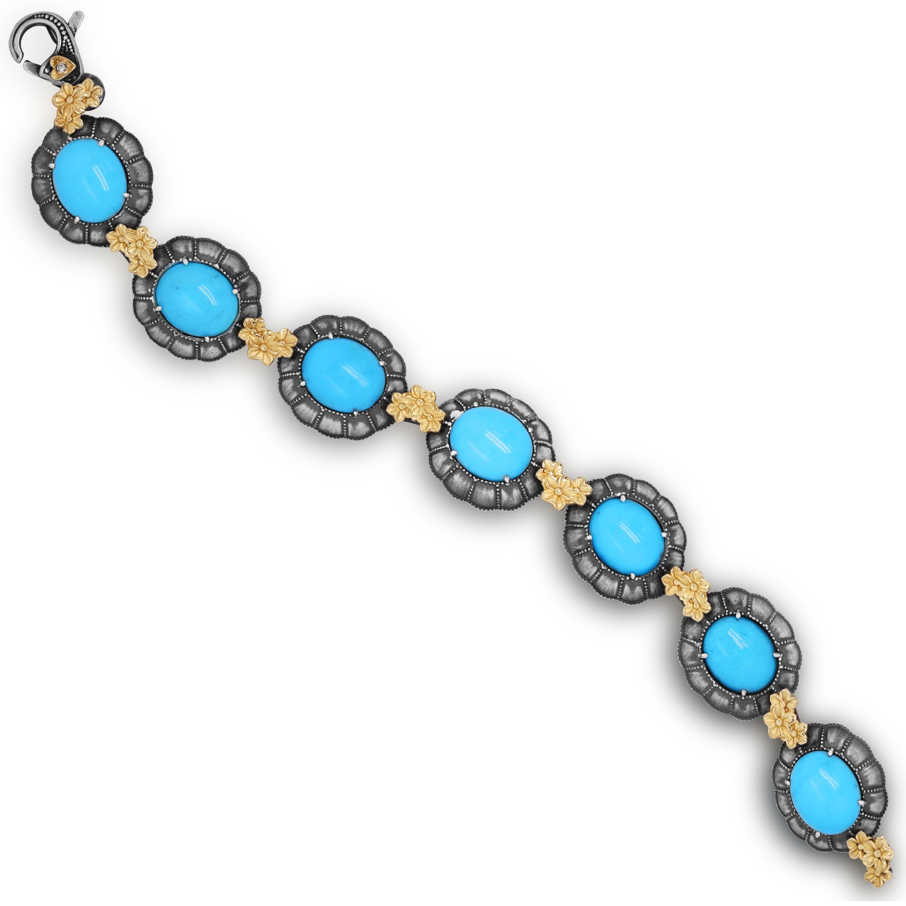 Contemporary Stambolian Aged Sterling Silver 18K Gold Oval Sleeping Beauty Turquoise Bracelet For Sale