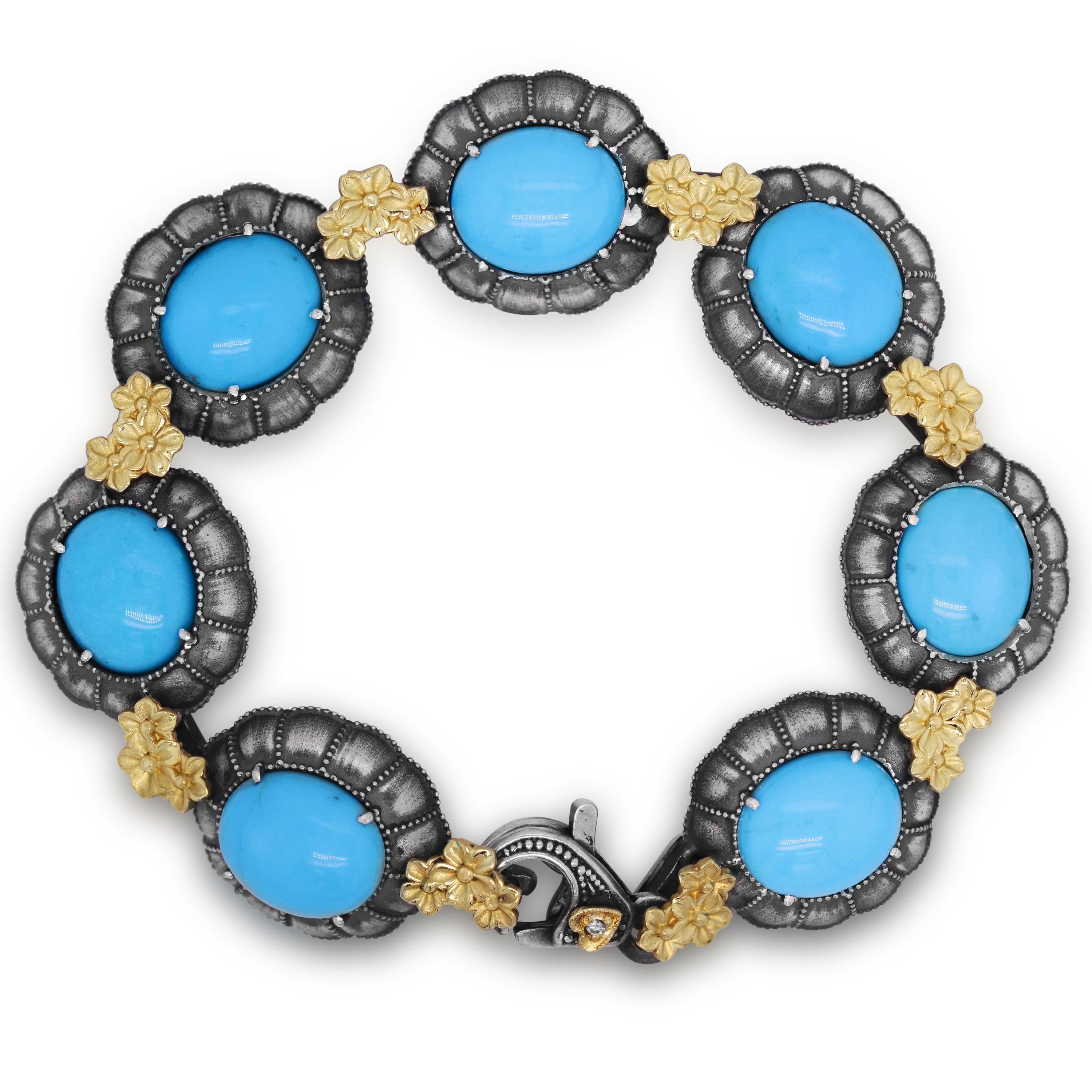 Taille ovale Stambolian Bracelet en argent sterling vieilli et or 18 carats avec turquoise ovale Sleeping Beauty en vente