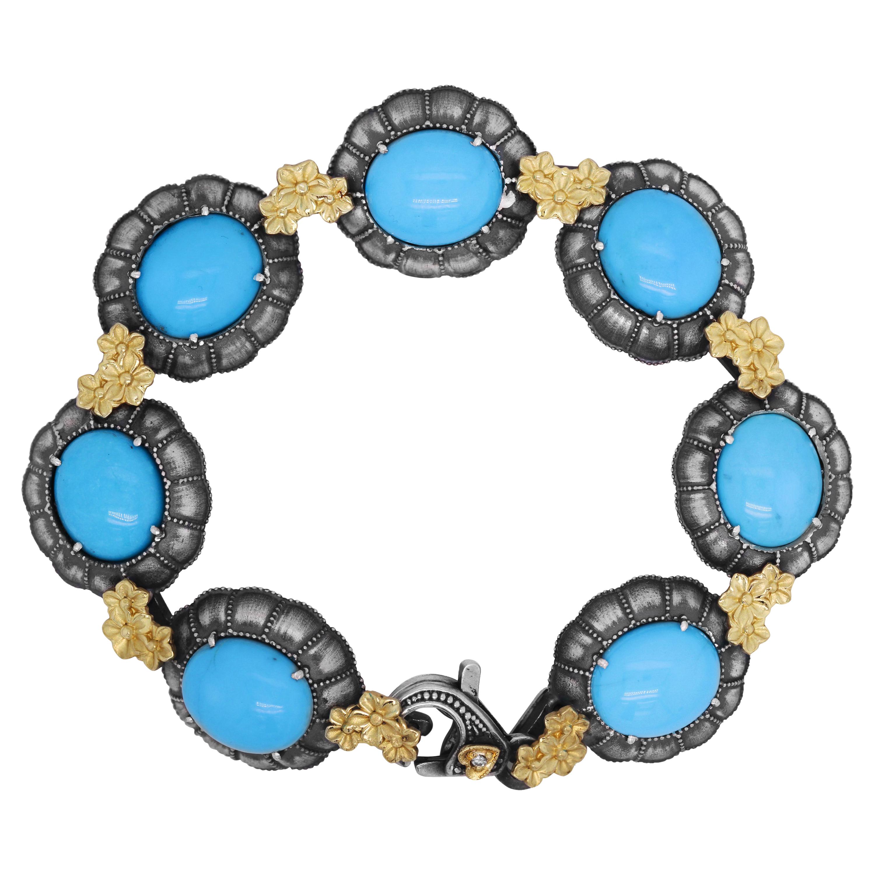 Stambolian Aged Sterling Silver 18K Gold Oval Sleeping Beauty Turquoise Bracelet For Sale