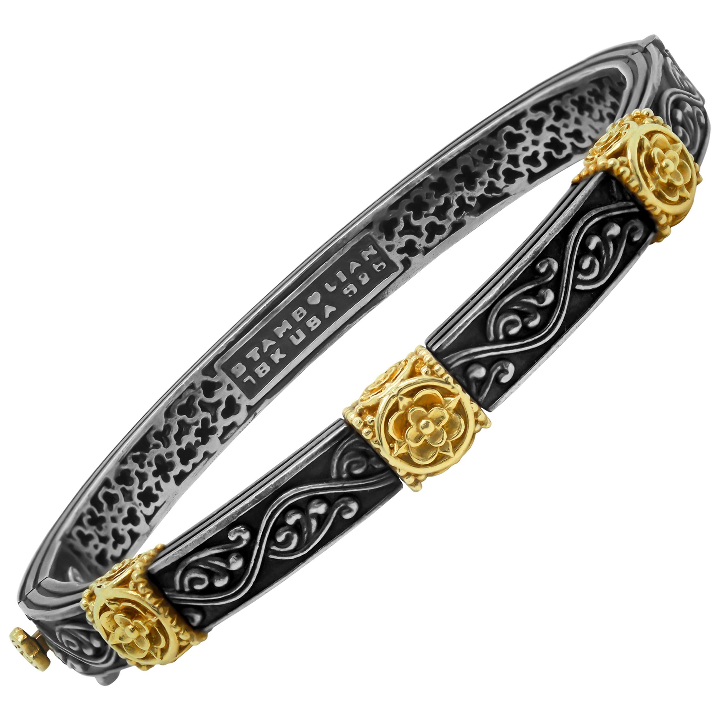 Stambolian Aged Sterling Silver and 18 Karat Gold Thin Bangle Bracelet For Sale