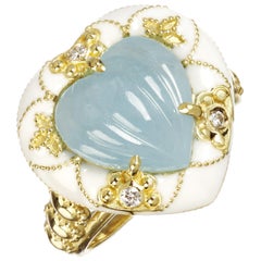 aquamarine heart ring Stambolian Aquamarine and White Enamel Heart Ring Yellow Gold