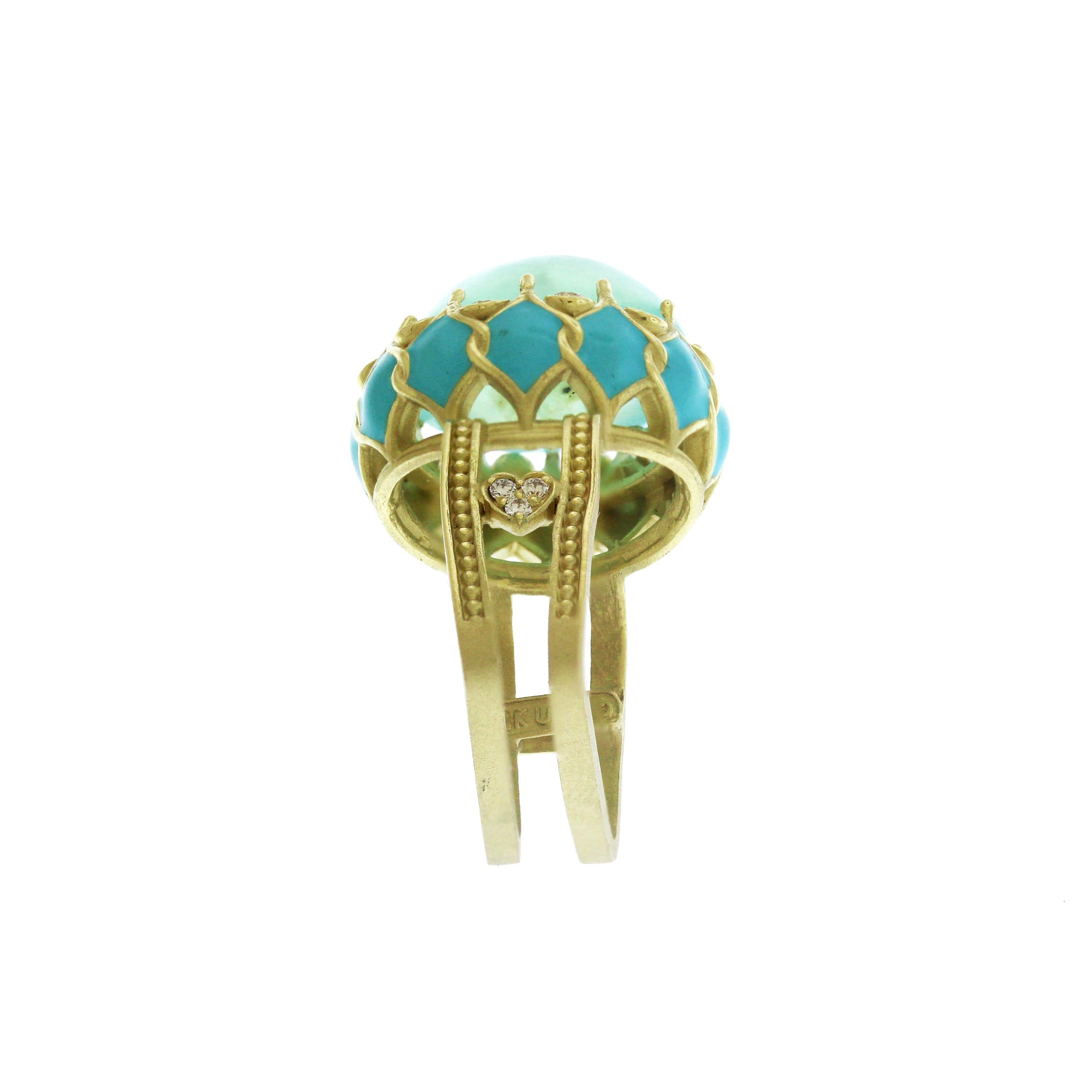 Stambolian Baby Blue Enamel Gold and Diamond Ring with Blue Peruvian Opal Center In New Condition In Boca Raton, FL