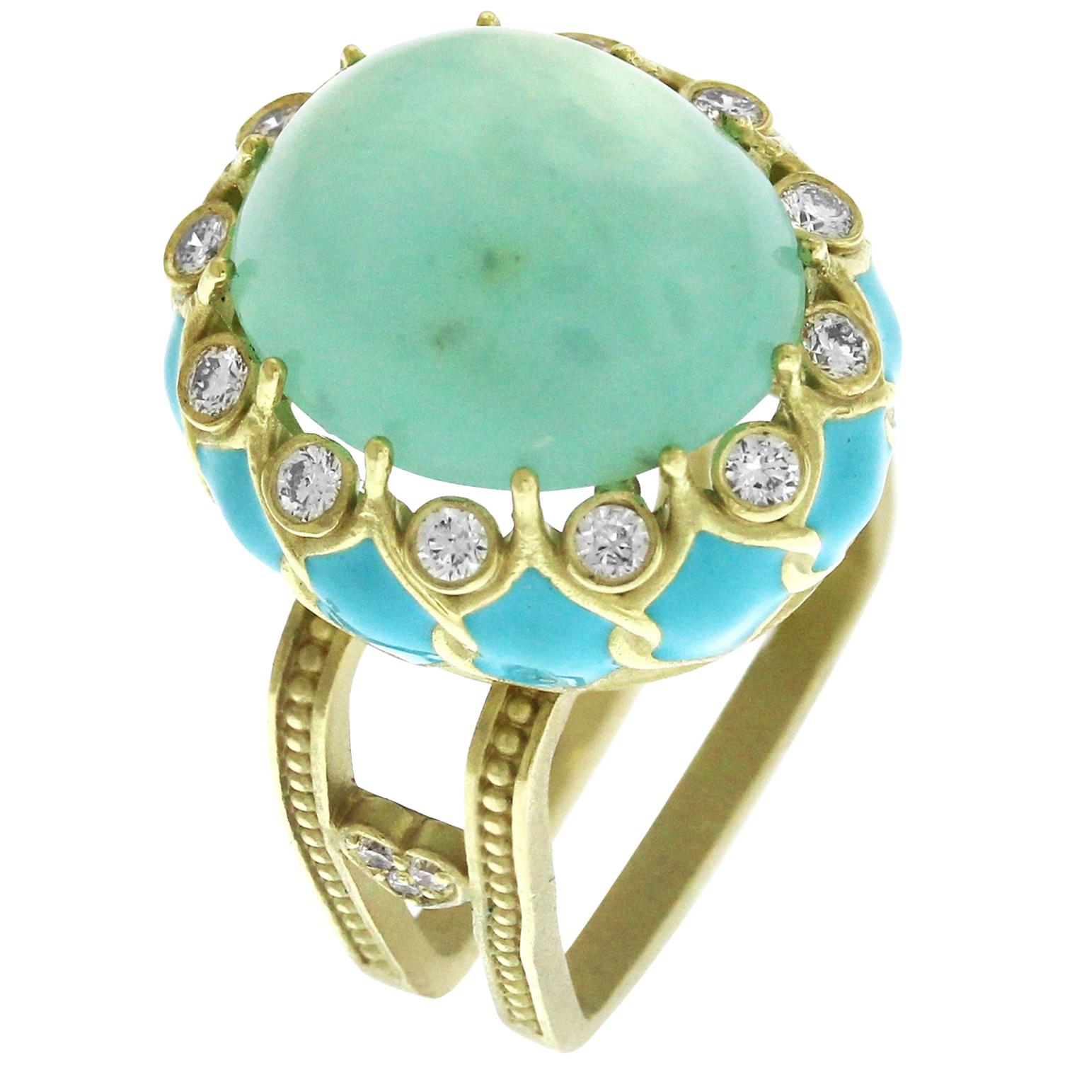 Stambolian Baby Blue Enamel Gold and Diamond Ring with Blue Peruvian Opal Center