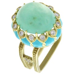 Stambolian Baby Blue Enamel Gold and Diamond Ring with Blue Peruvian Opal Center