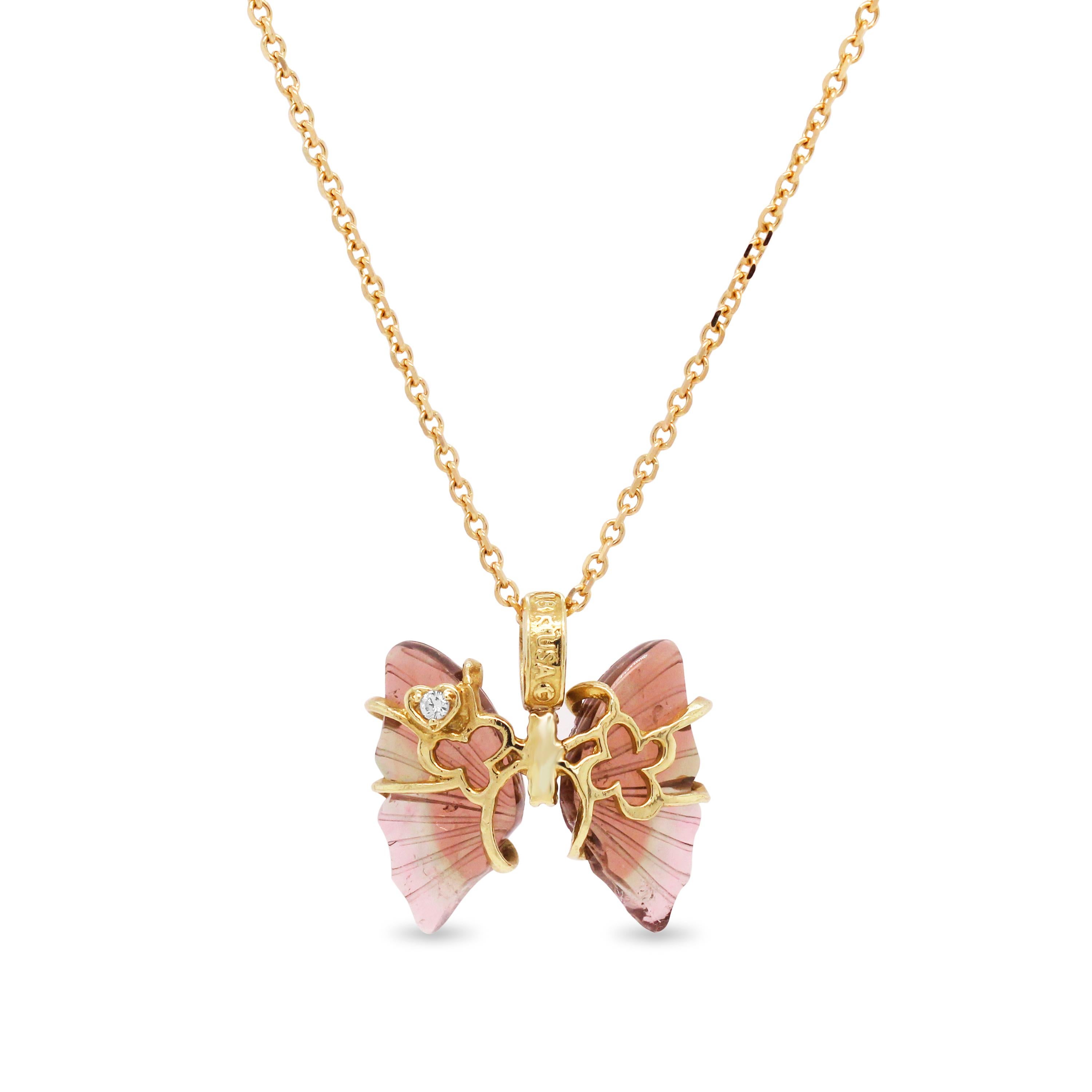 Stambolian Bicolor Tourmaline 18K Yellow Gold Diamond Butterfly Pendant Necklace

This pendant is truly incredible. Color in the Tourmaline is evenly dispersed and features three diamonds in the center below the bail

Bi Color Tourmaline is apprx.