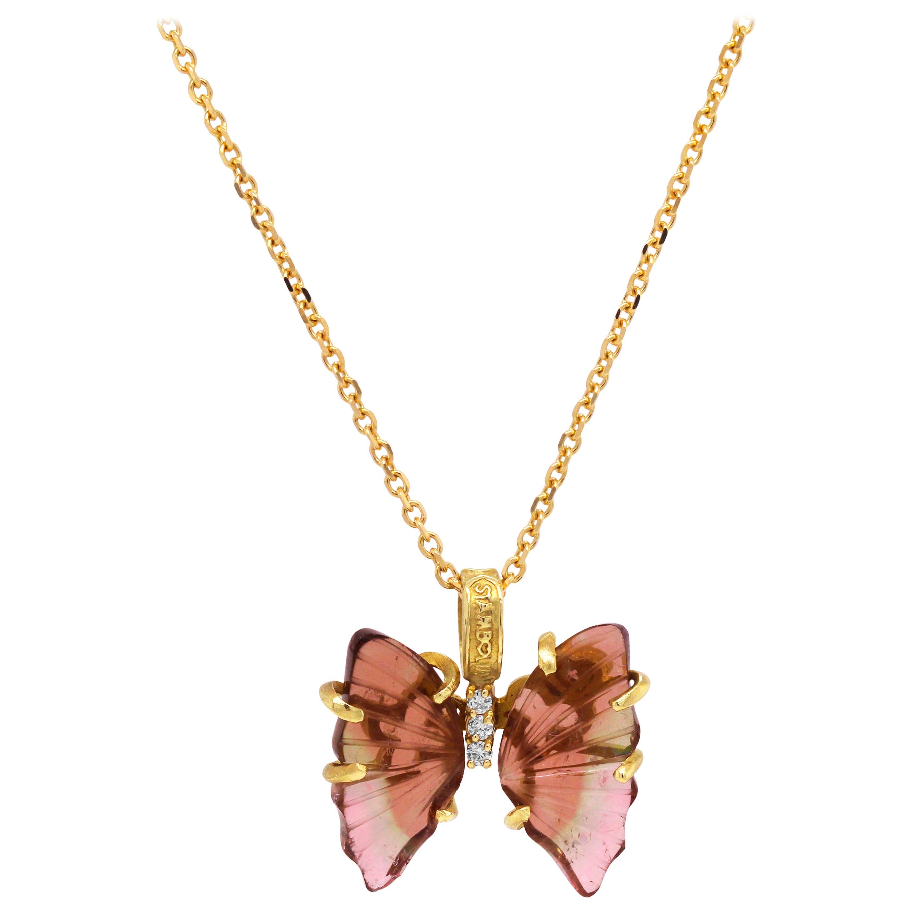 Stambolian Bicolor Tourmaline 18K Yellow Gold Diamond Butterfly Pendant Necklace