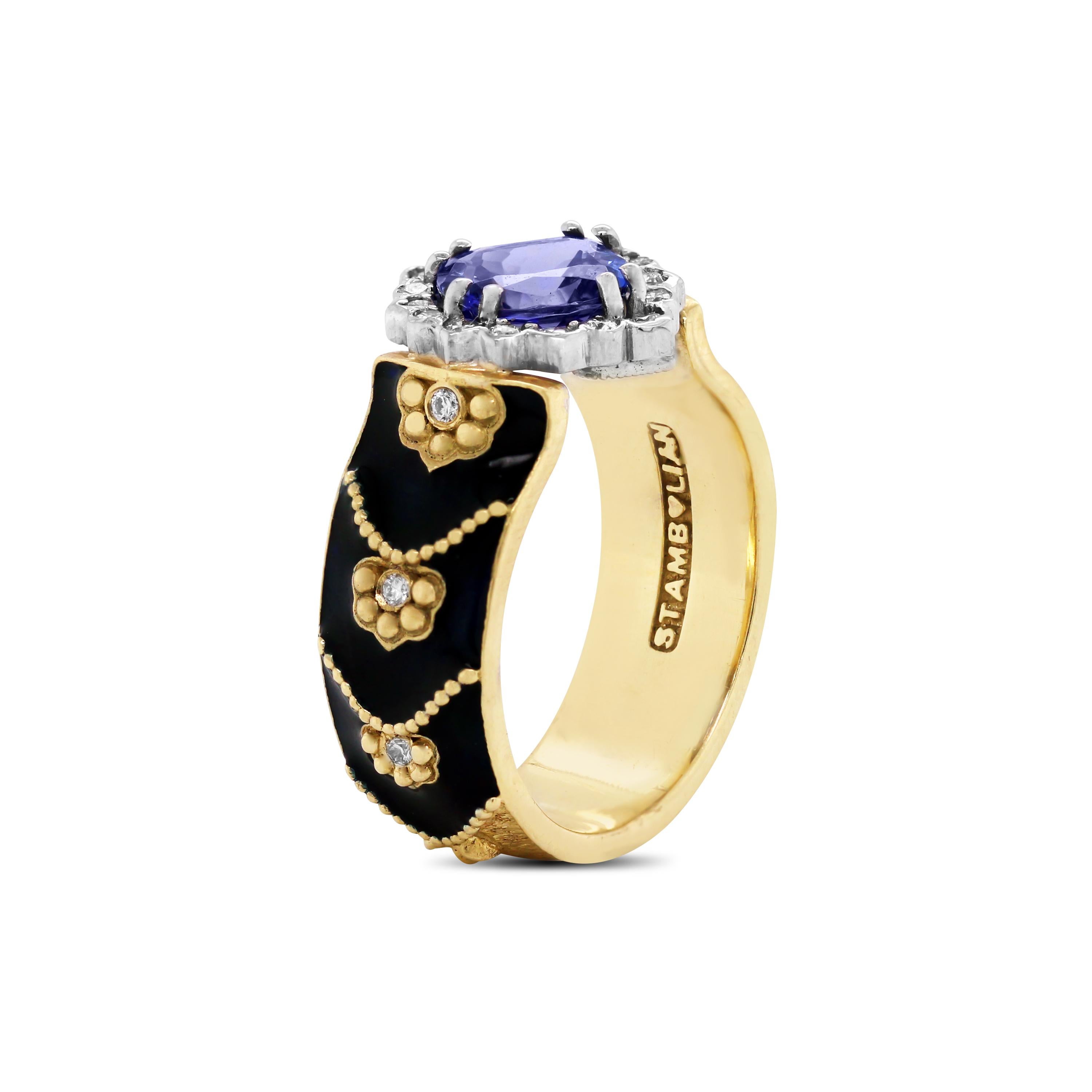 18K Gold Ring with Black Enamel and Tanzanite Center with Diamonds by Stambolian

This unique ring from the Stambolian 