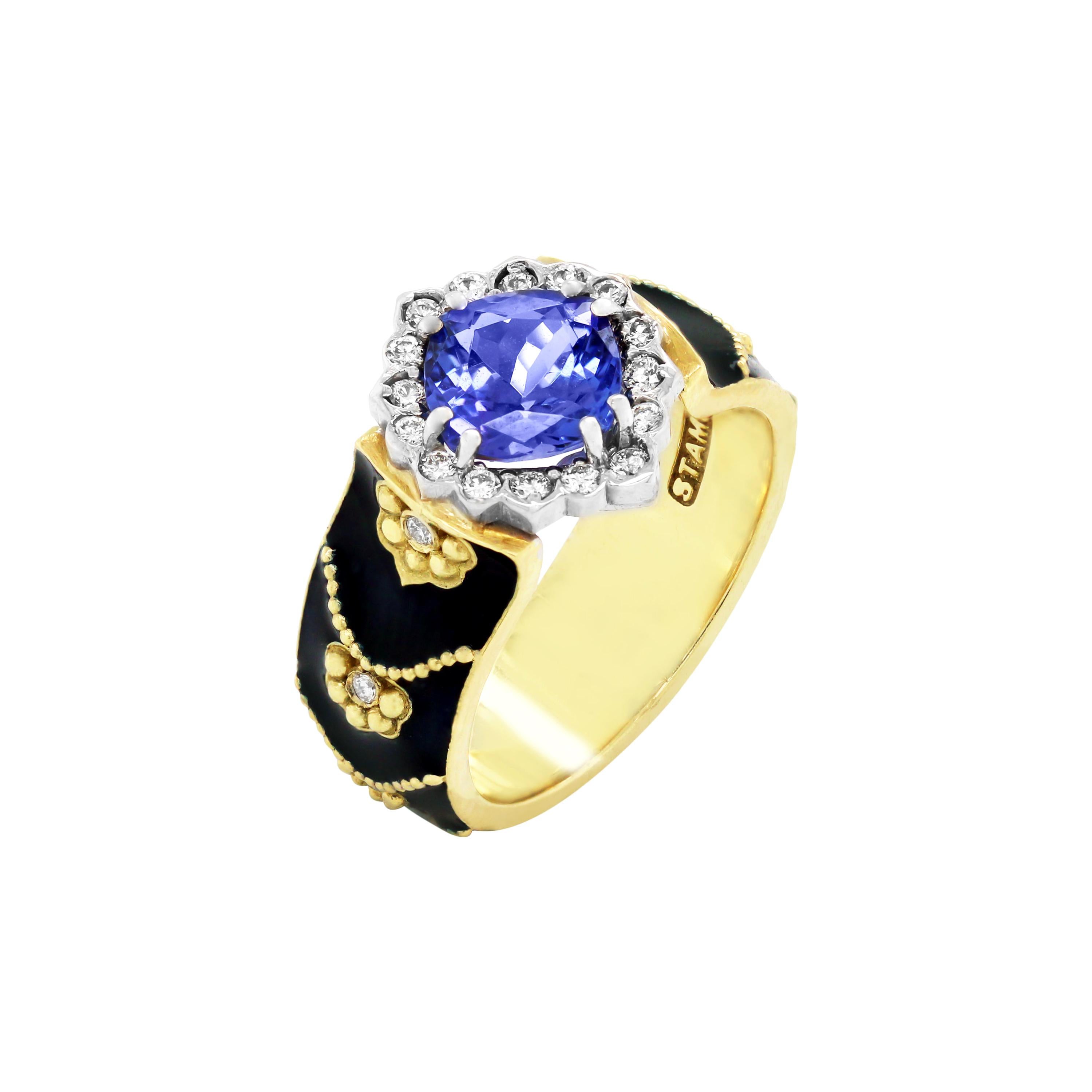 Stambolian Black Enamel Ring with Tanzanite Center and Diamonds