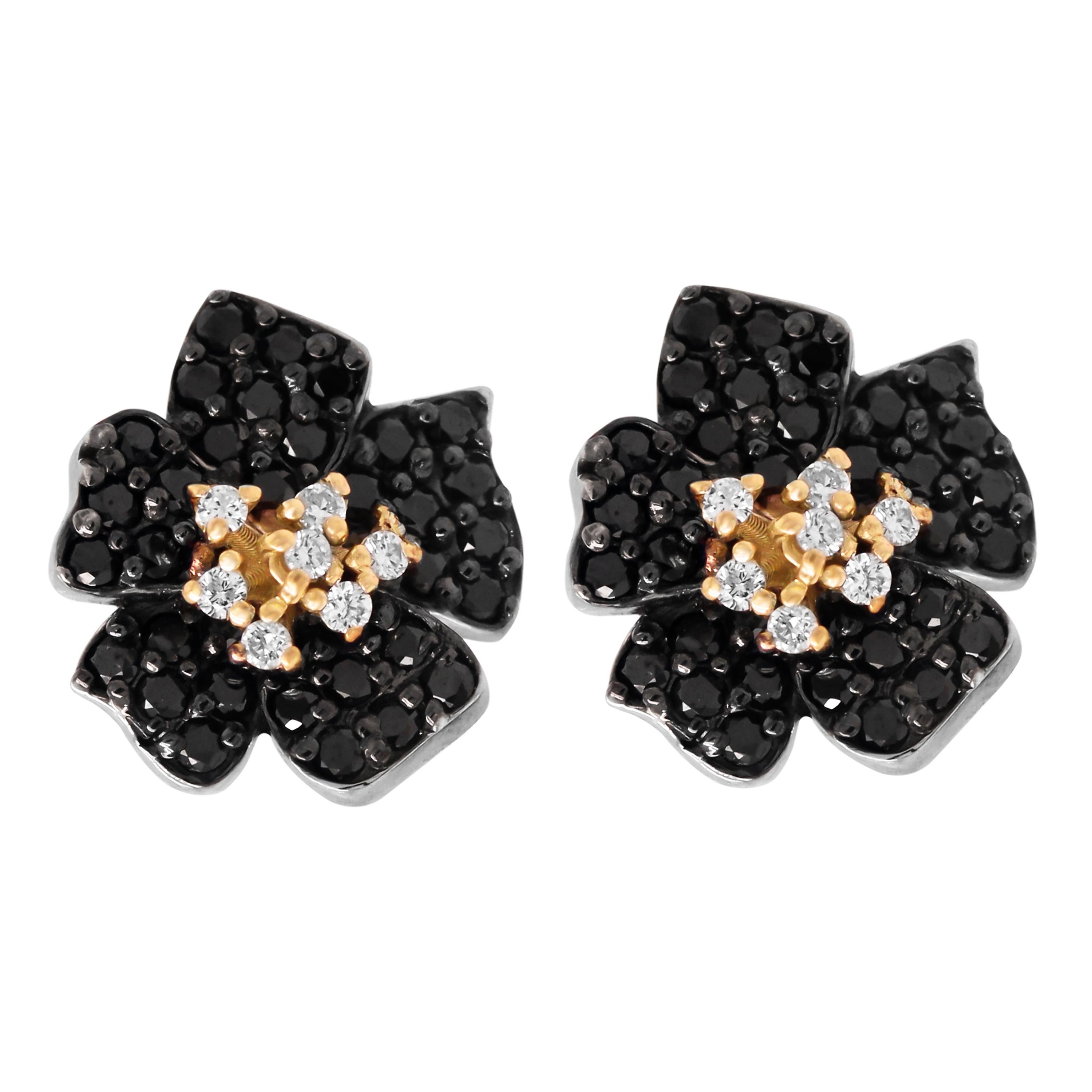 Round Cut Stambolian Black White Diamond 18K Yellow White Gold Flower Floral Stud Earrings