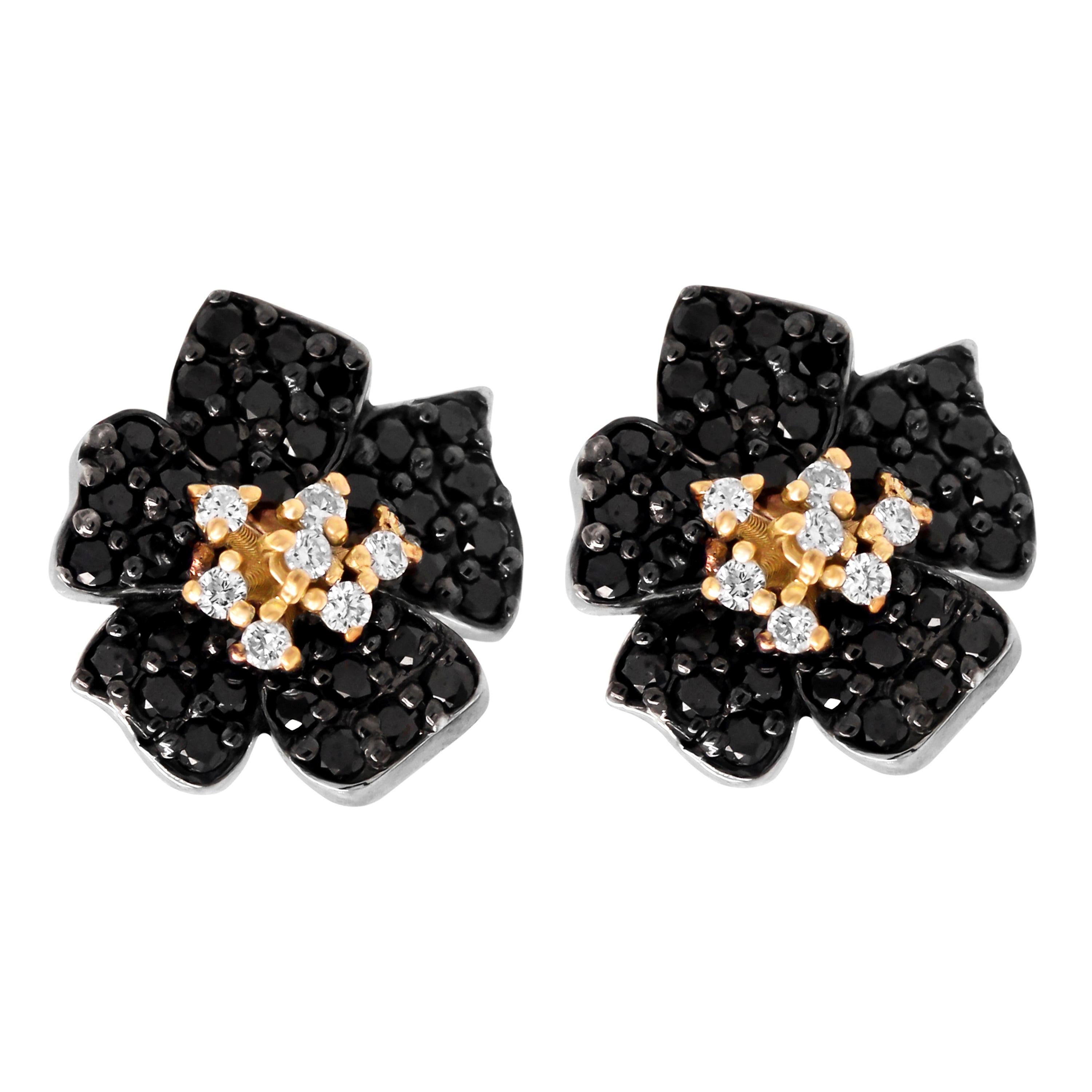 Stambolian Black White Diamond 18K Yellow White Gold Flower Floral Stud Earrings