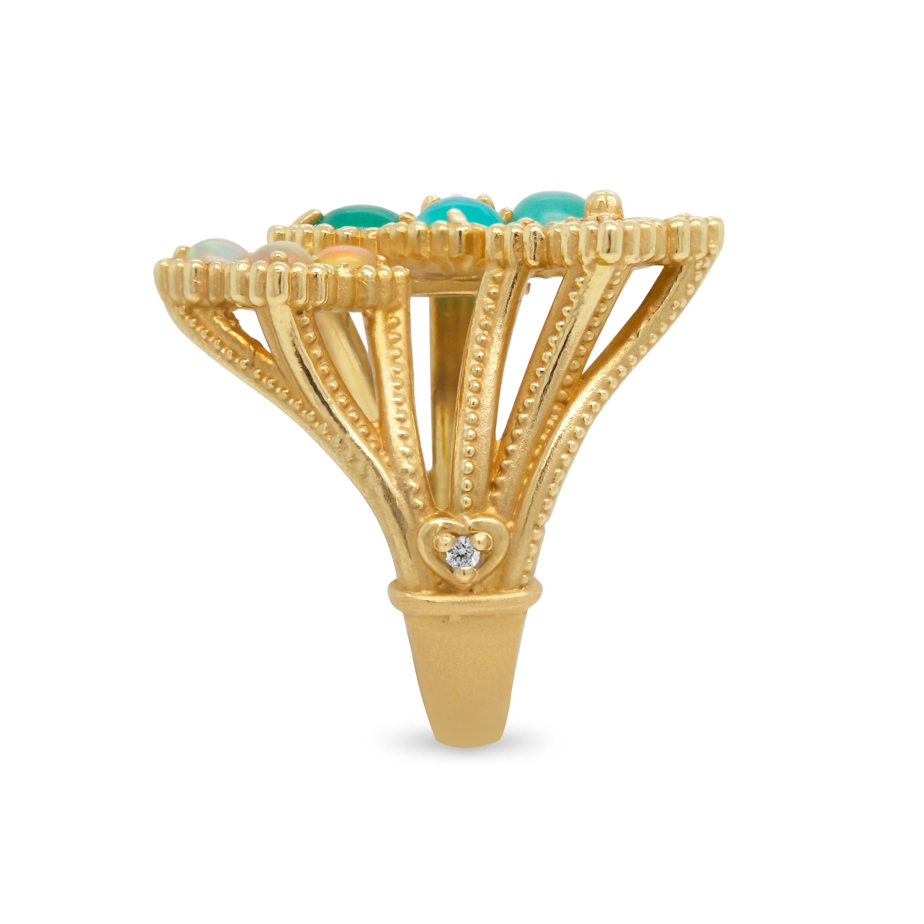 Round Cut Stambolian Blue Peruvian Opal Diamond Three Section 18K Yellow Gold Floral Ring