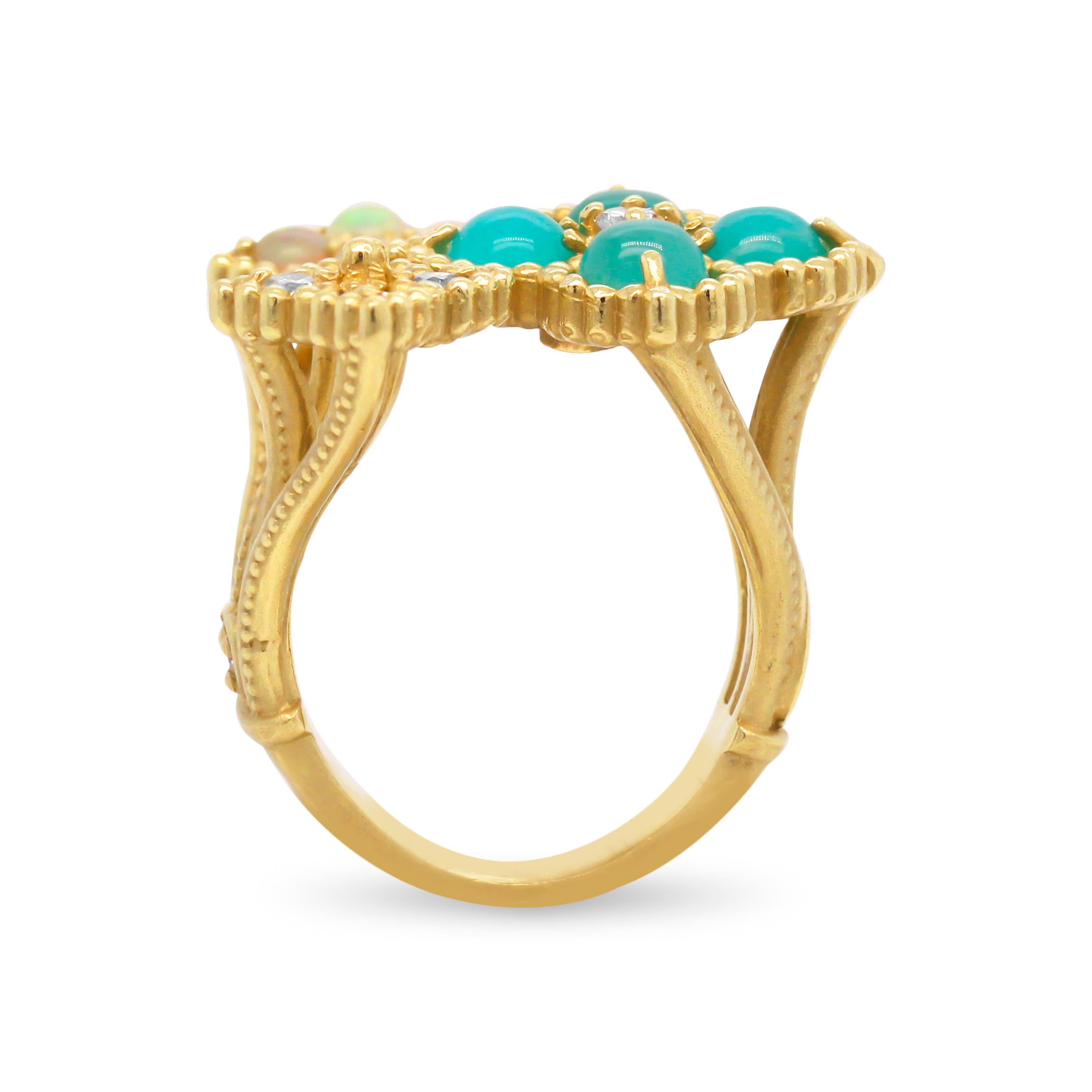 Stambolian Blue Peruvian Opal Diamond Three Section 18K Yellow Gold Floral Ring In New Condition In Boca Raton, FL