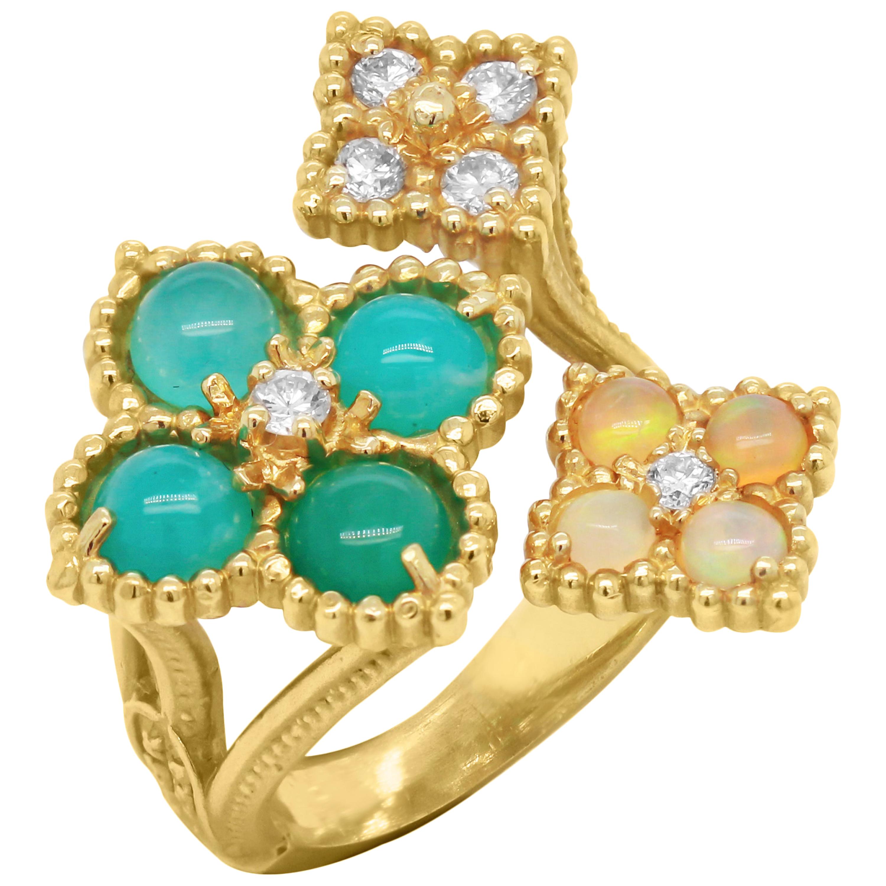 Stambolian Blue Peruvian Opal Diamond Three Section 18K Yellow Gold Floral Ring