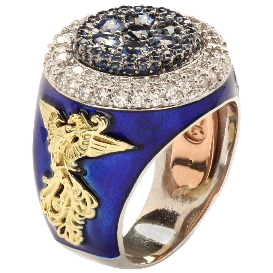 Stambolian Blue Sapphire and Diamond Men's Ring with Blue Enamel