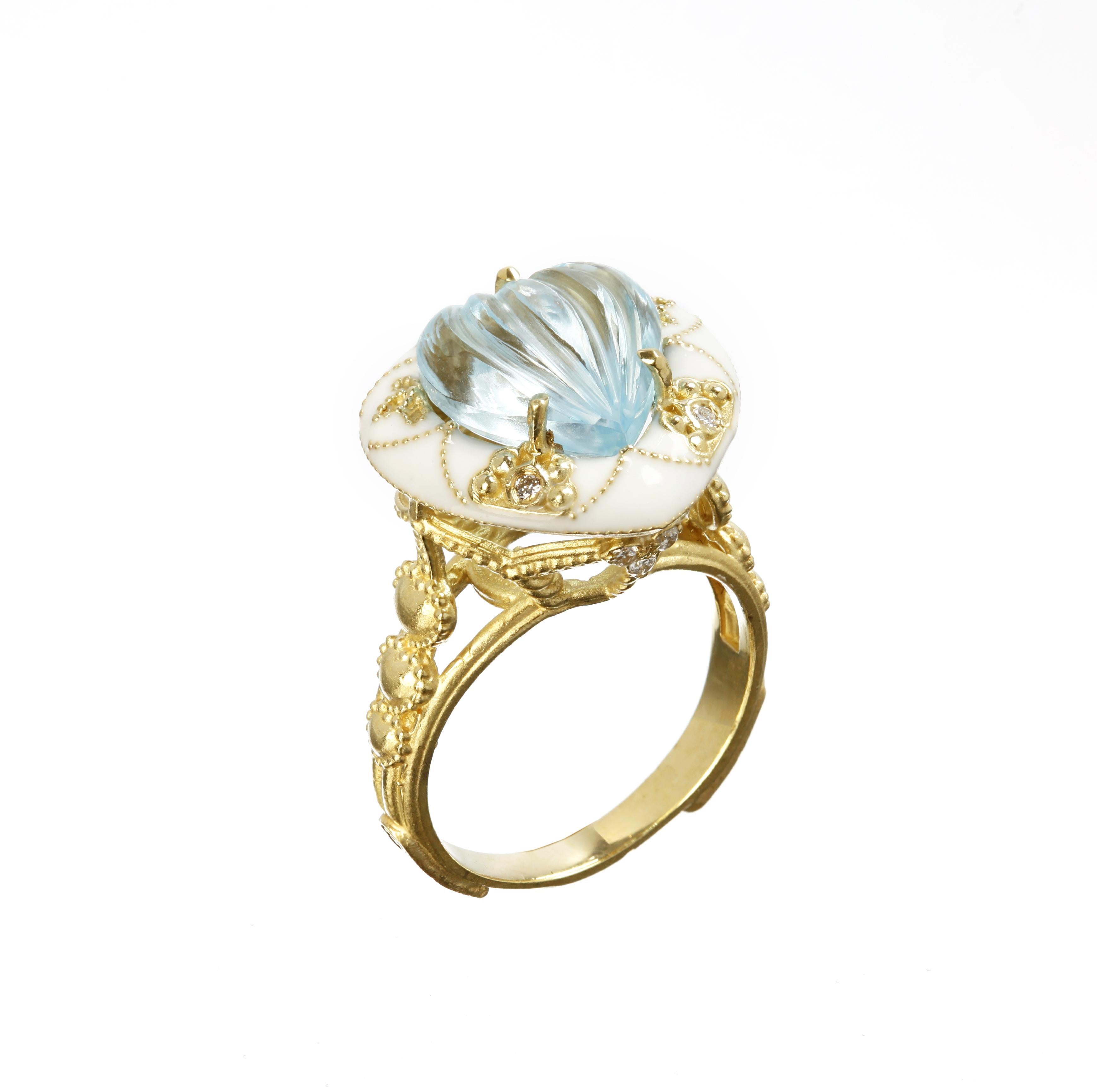 Stambolian 18K Gold Diamond Heart Shape Blue Topaz White Enamel Cocktail Ring

NO RESERVE PRICE

From the Stambolian 
