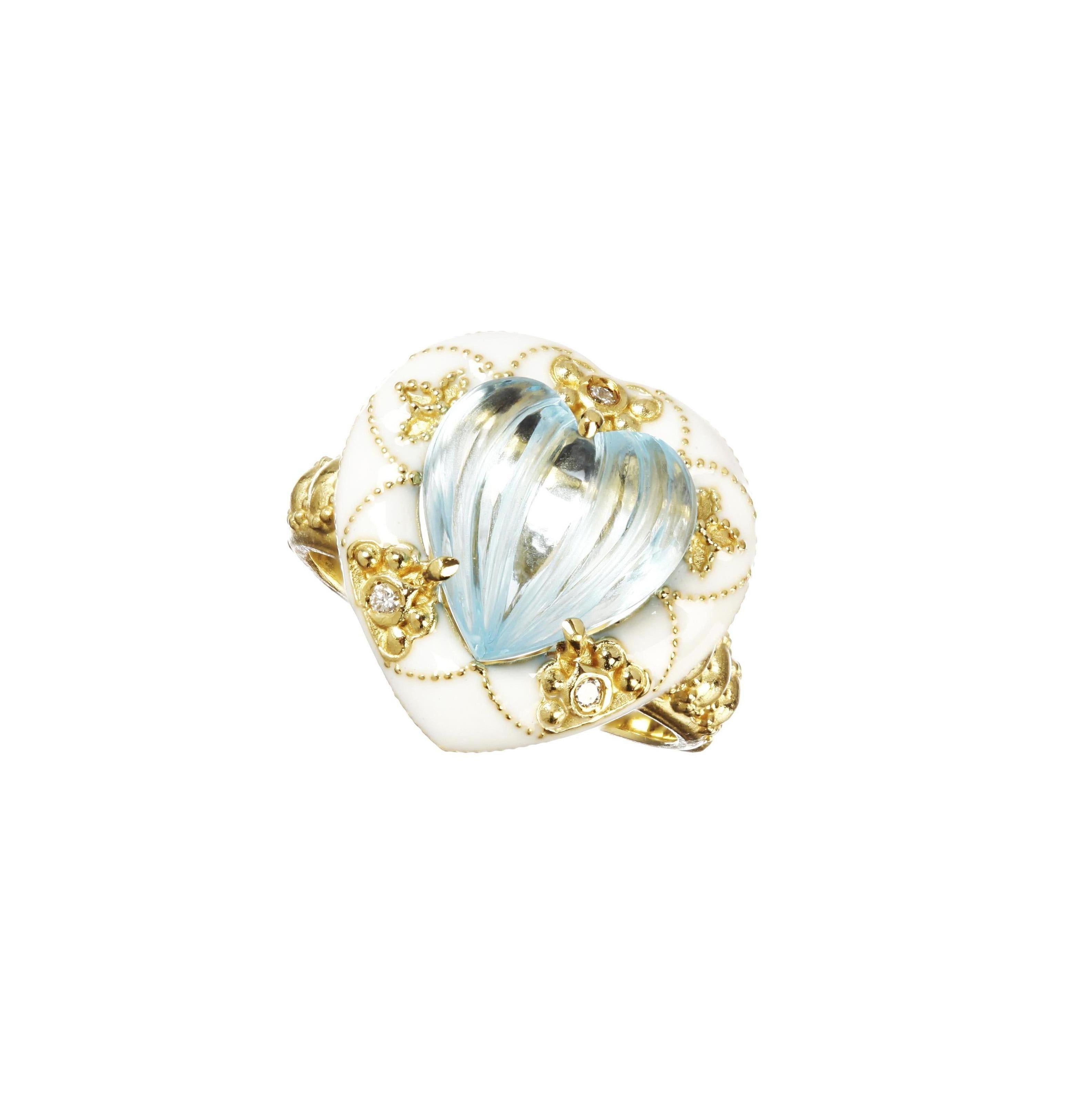 Stambolian 18K Gold Diamond Heart Shape Blue Topaz White Enamel Cocktail Ring In New Condition In Boca Raton, FL