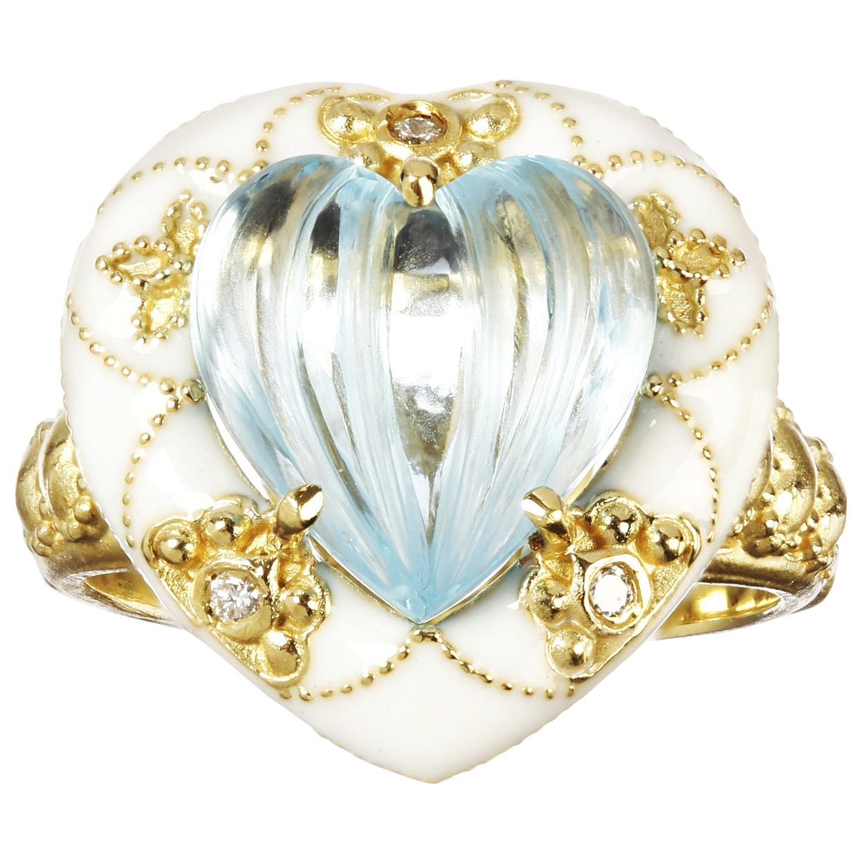 Stambolian 18K Gold Diamond Heart Shape Blue Topaz White Enamel Cocktail Ring