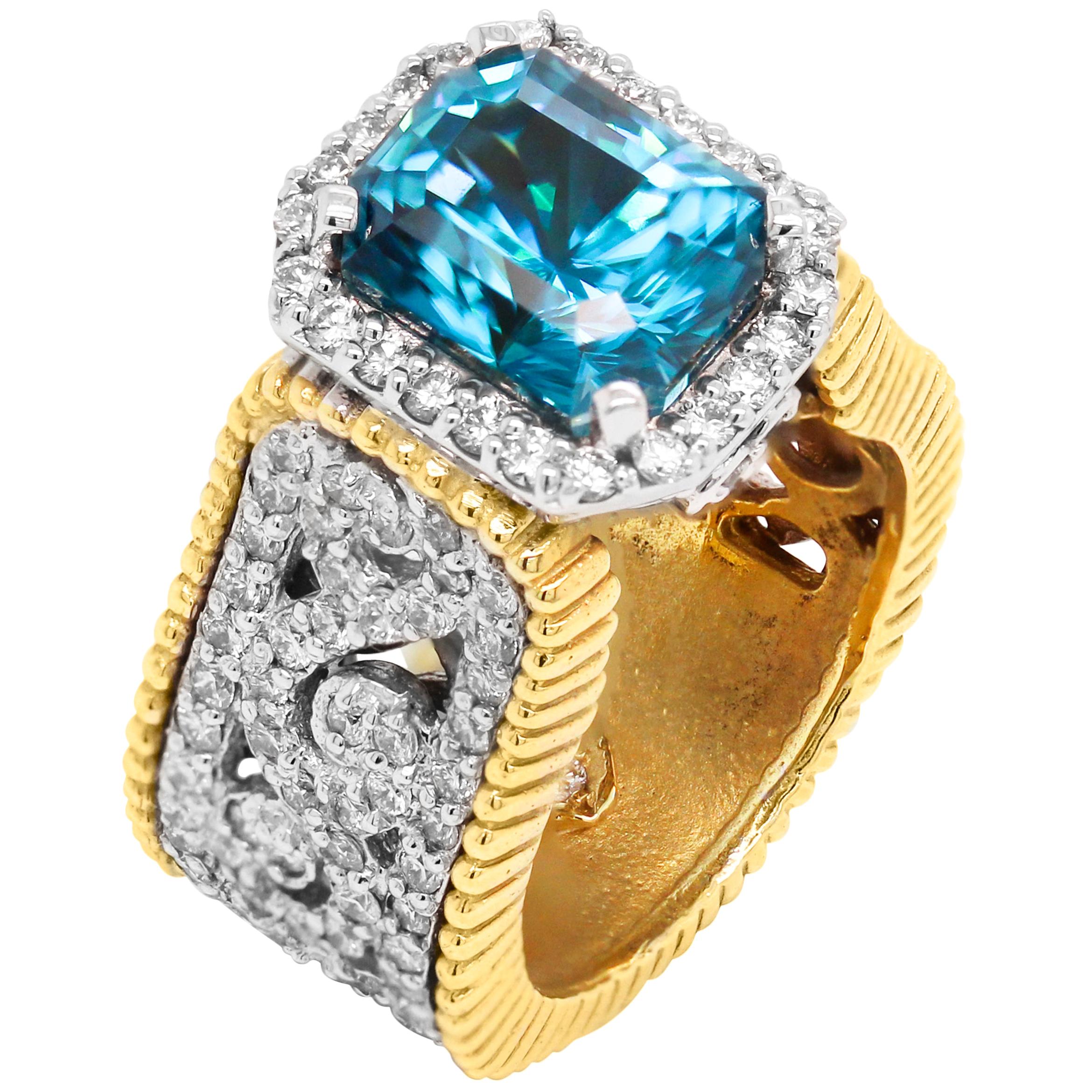 Stambolian 6.67 Carat Blue Zircon 18K Two-Tone Gold and Diamond Cocktail Ring