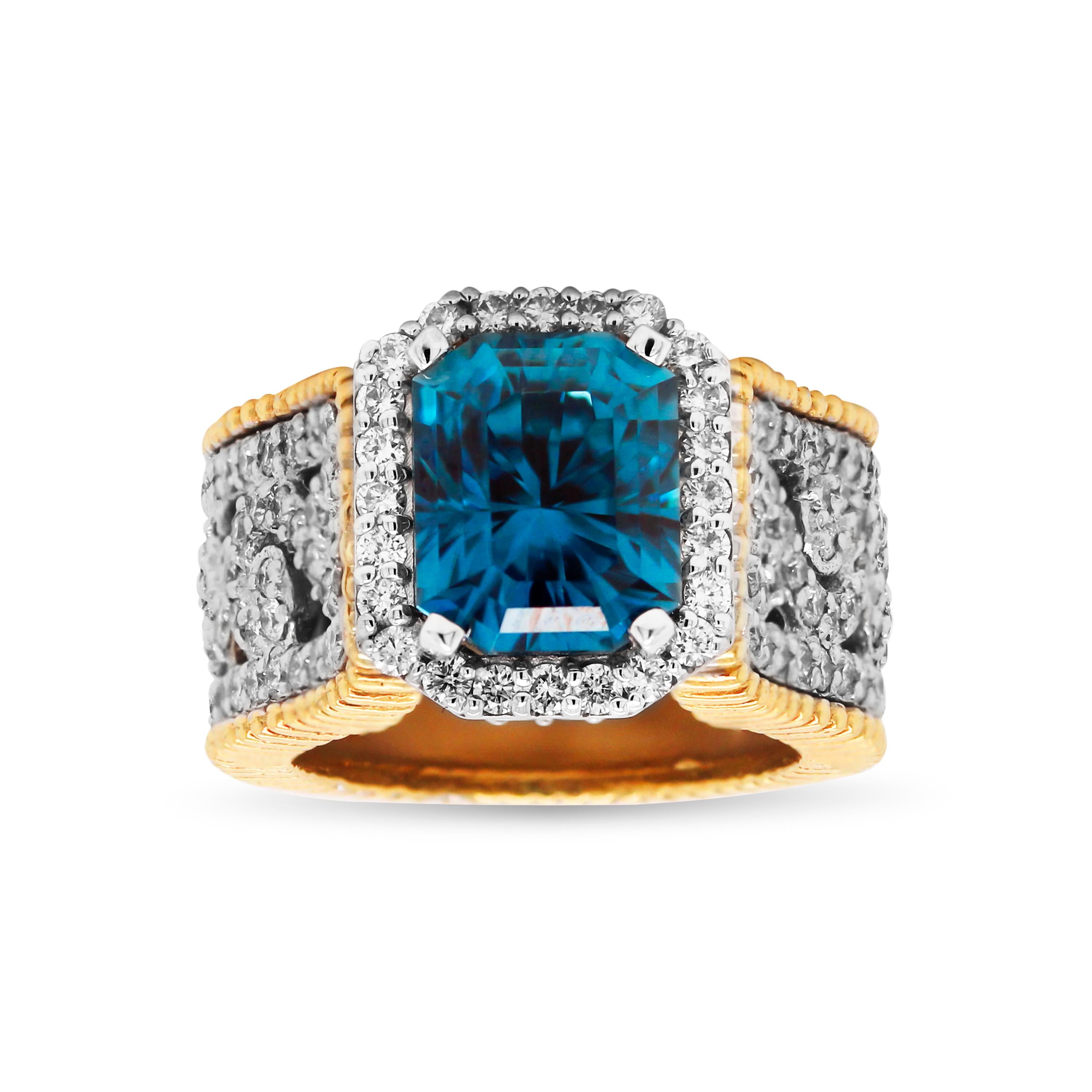 Contemporary Stambolian 6.67 Carat Blue Zircon 18K Two-Tone Gold and Diamond Cocktail Ring