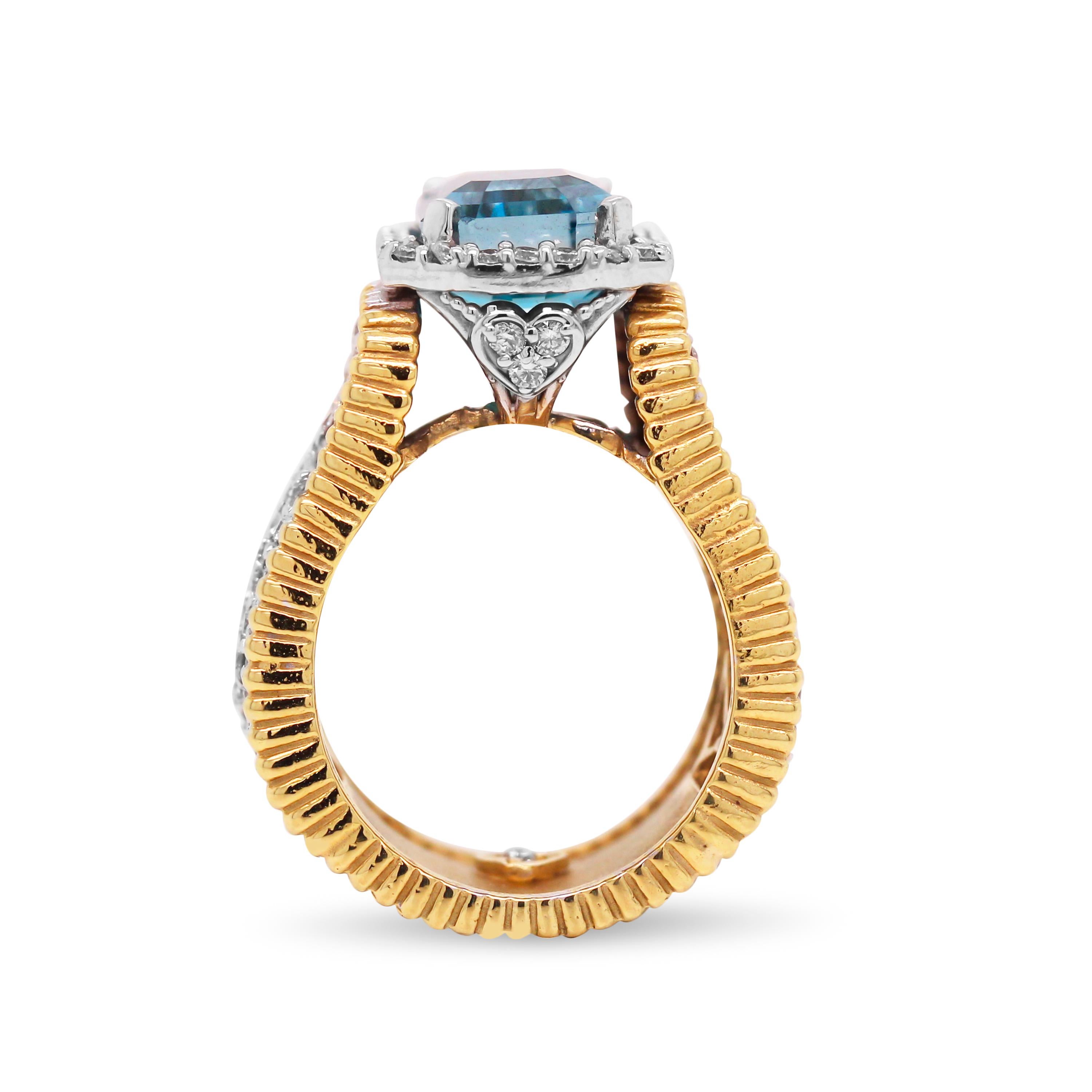 Stambolian 6.67 Carat Blue Zircon 18K Two-Tone Gold and Diamond Cocktail Ring In New Condition In Boca Raton, FL