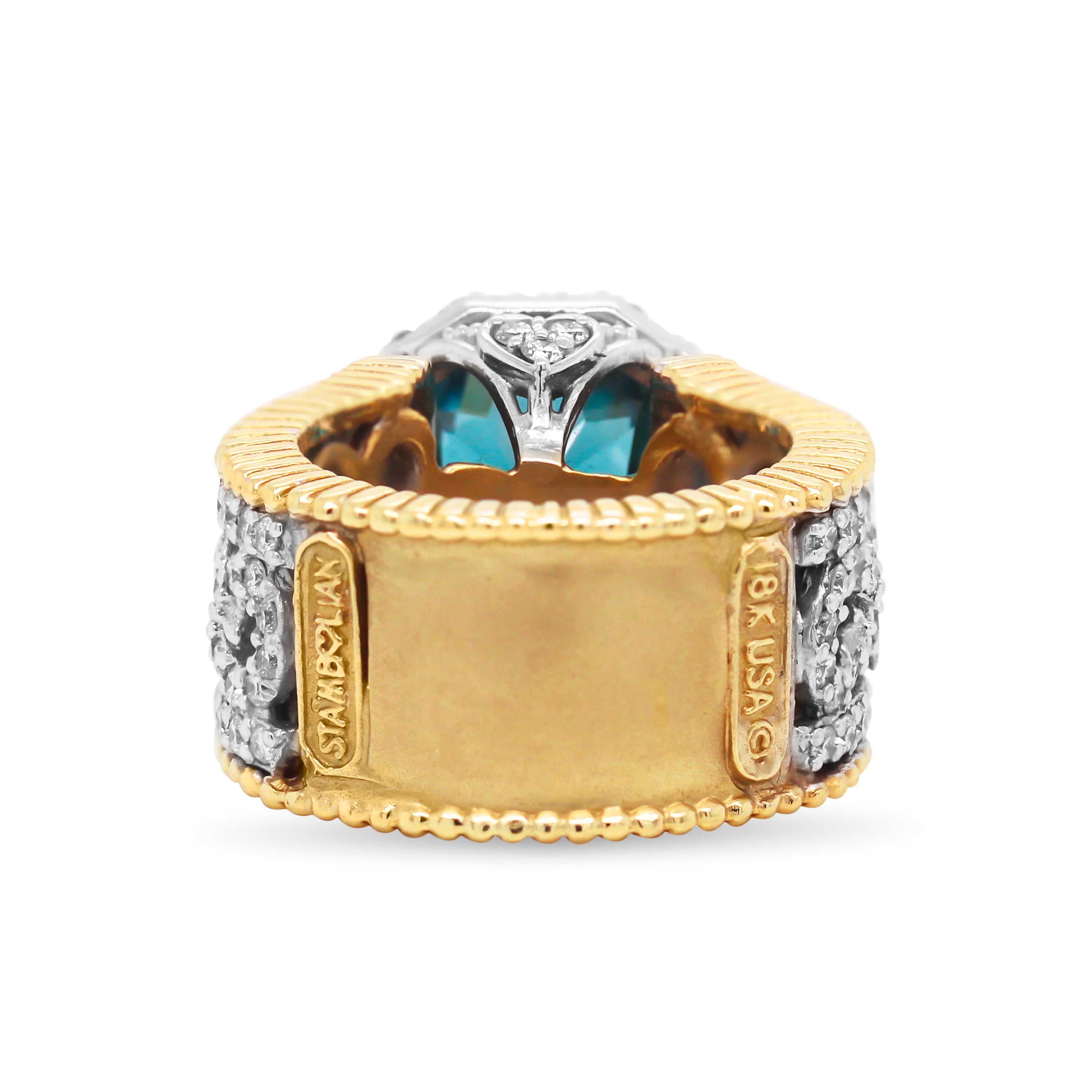 Women's Stambolian 6.67 Carat Blue Zircon 18K Two-Tone Gold and Diamond Cocktail Ring