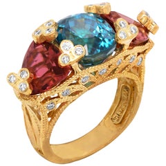 Stambolian Blue Zircon Trillion Rubellites Diamonds Three-Stone Gold Ring