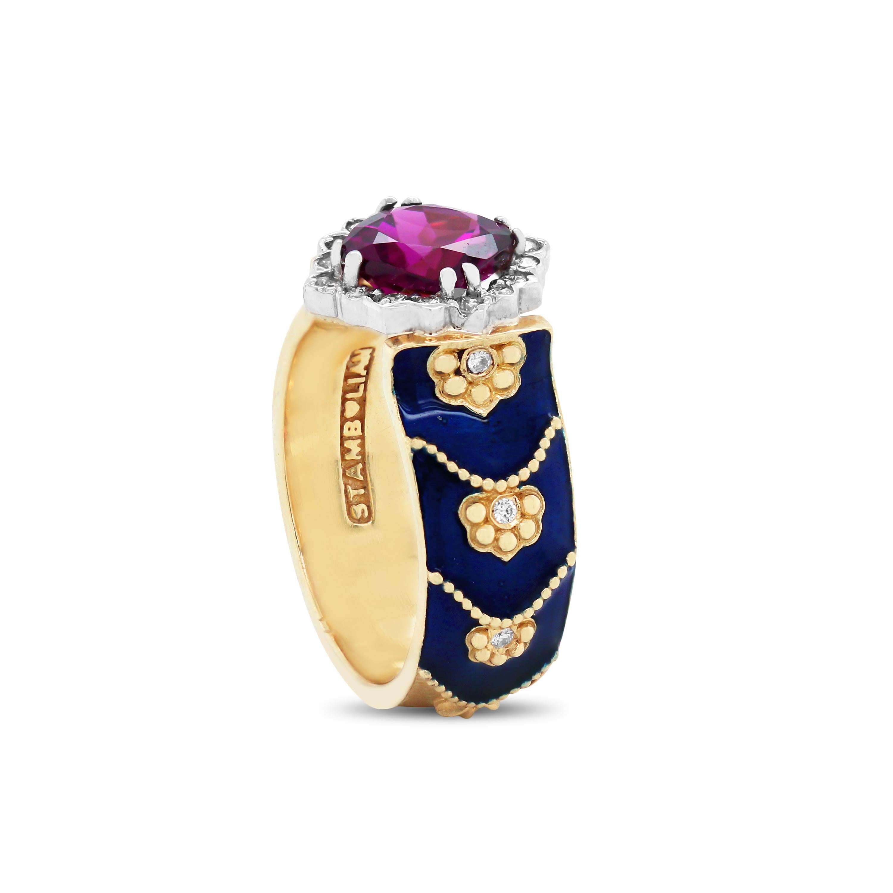 18K Gold Ring with Cobalt Blue Enamel and Magenta Garnet Center with Diamonds by Stambolian

This unique ring from the Stambolian 