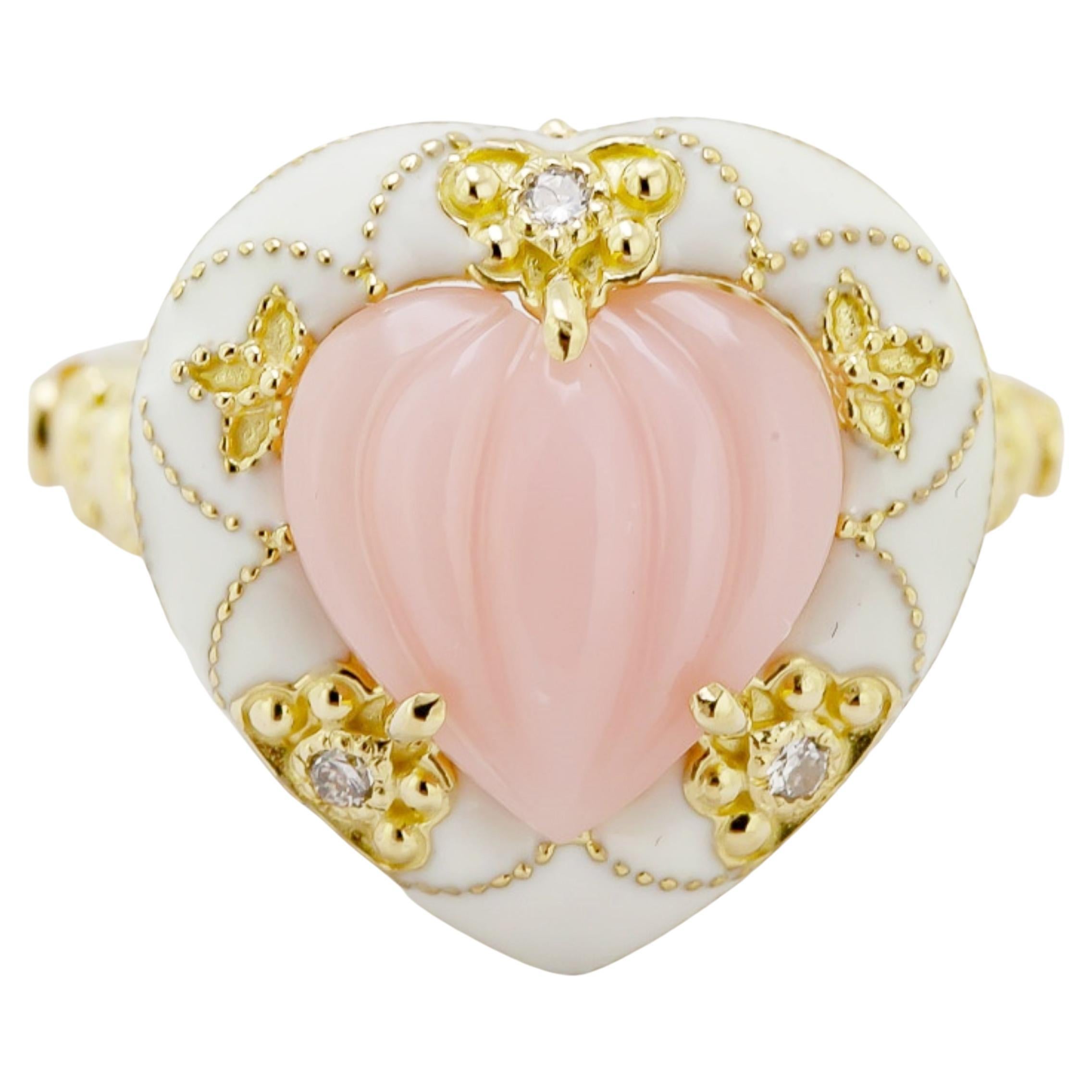 Stambolian “Color of Life Collection” Pink Peruvian Opal Enamel Yellow Gold Ring For Sale