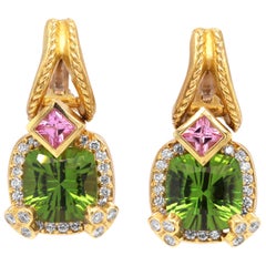 Stambolian Cushion Cut Peridot Princess Cut Pink Sapphire Diamond Gold Earrings