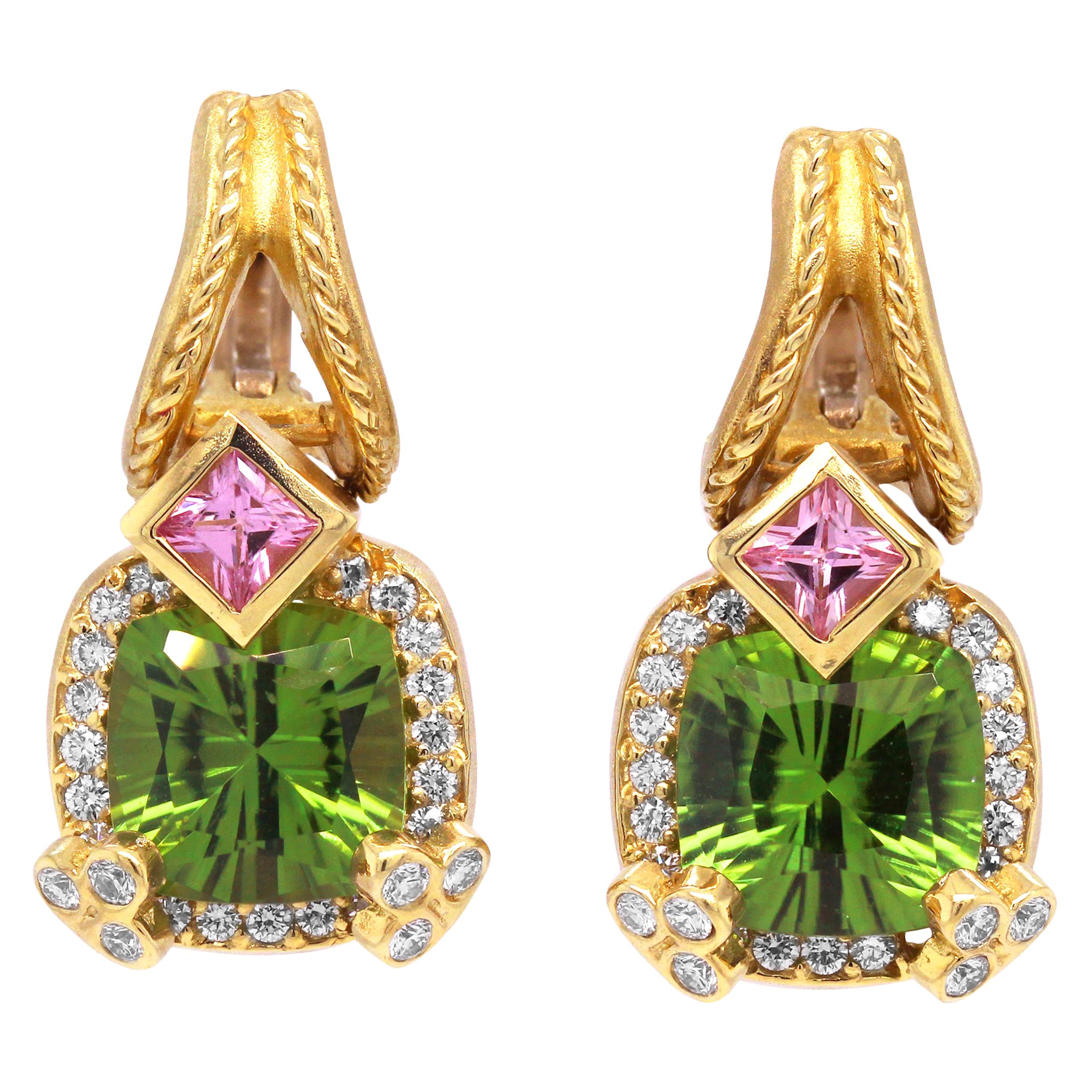 Stambolian Cushion Cut Peridot Princess Cut Pink Sapphire Diamond Gold Earrings
