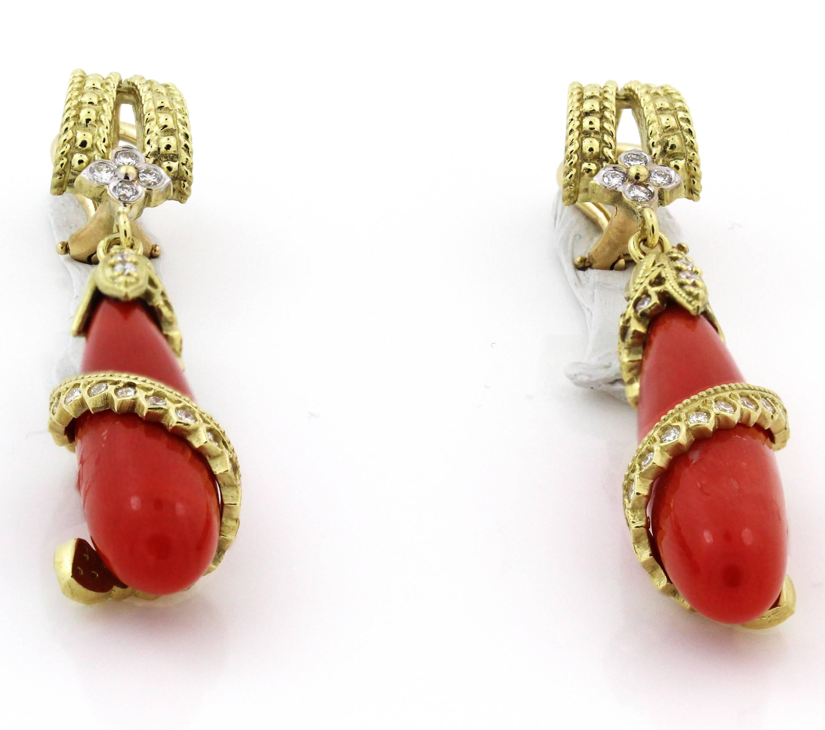 Coral Drop Earrings with Yellow Gold and Diamonds Stambolian In Excellent Condition In Boca Raton, FL