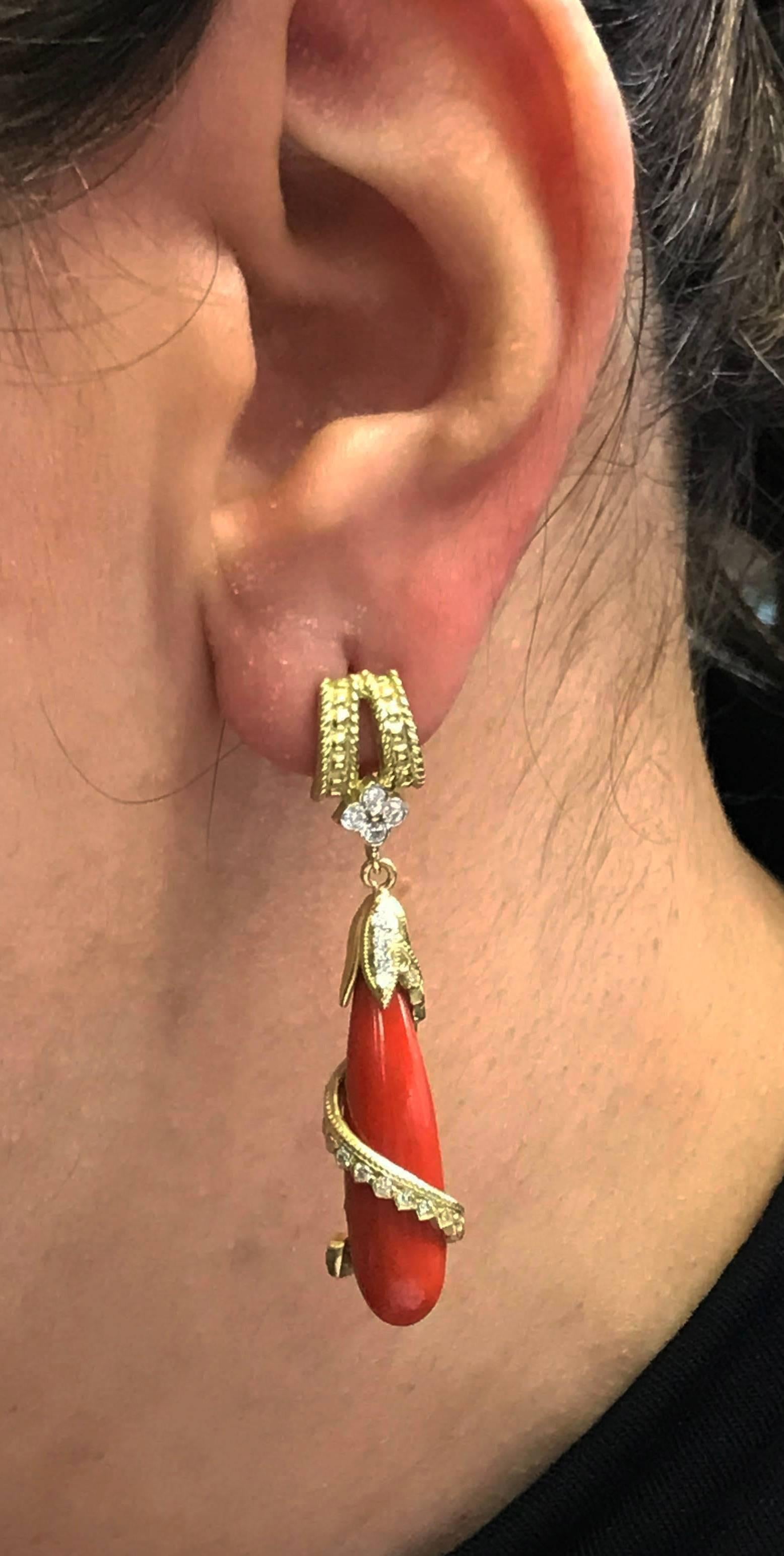 Women's Coral Drop Earrings with Yellow Gold and Diamonds Stambolian