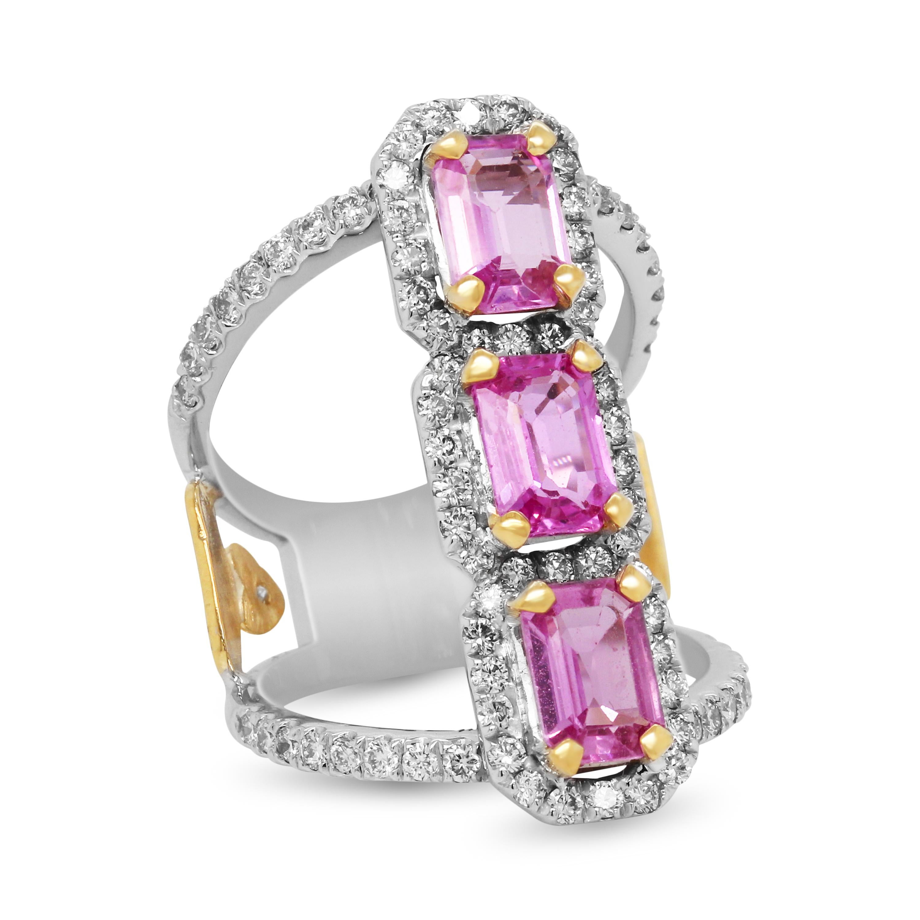 Stambolian Emerald Cut Pink Sapphire 18 Karat Gold Diamond Three Stone Ring

NO RESERVE PRICE

A beautiful three-stone ring features emerald cut Pink Sapphires with diamonds surrounding the stones and all throughout the ring set half way.

2.86