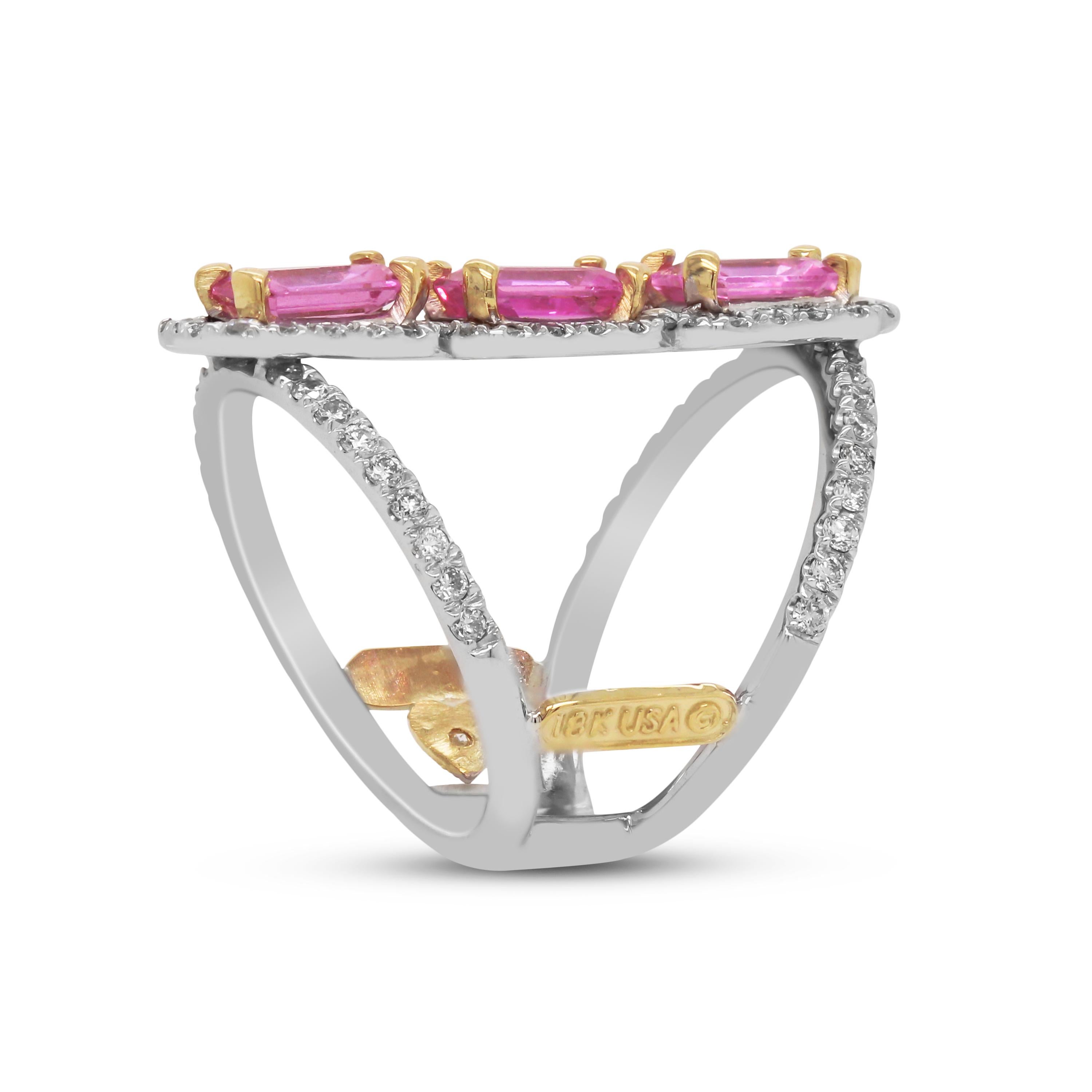 Stambolian Emerald Cut Pink Sapphire 18 Karat Gold Diamond Three Stone Ring In New Condition In Boca Raton, FL